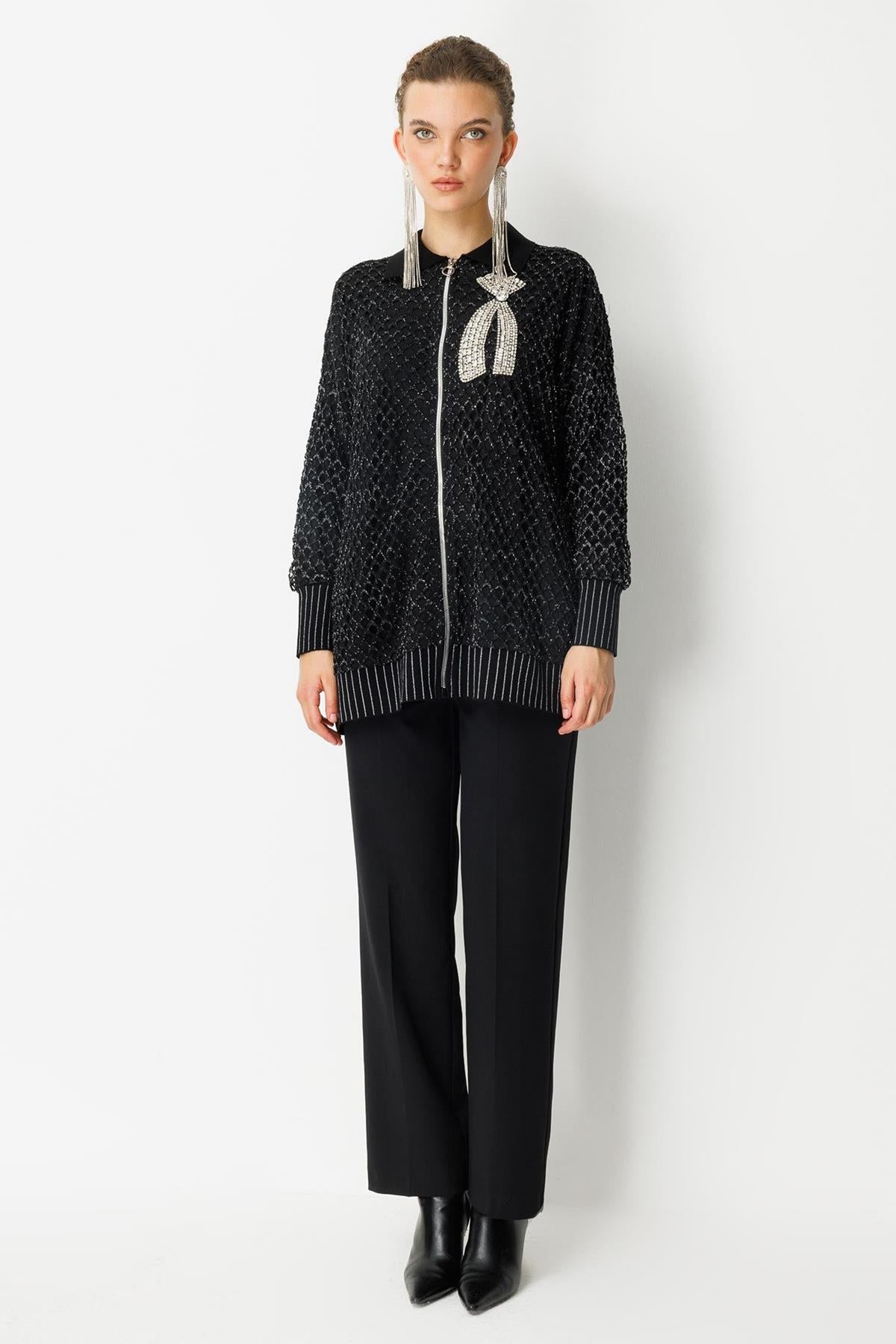 Aksesuar Detaylı Fermuarlı File Hırka