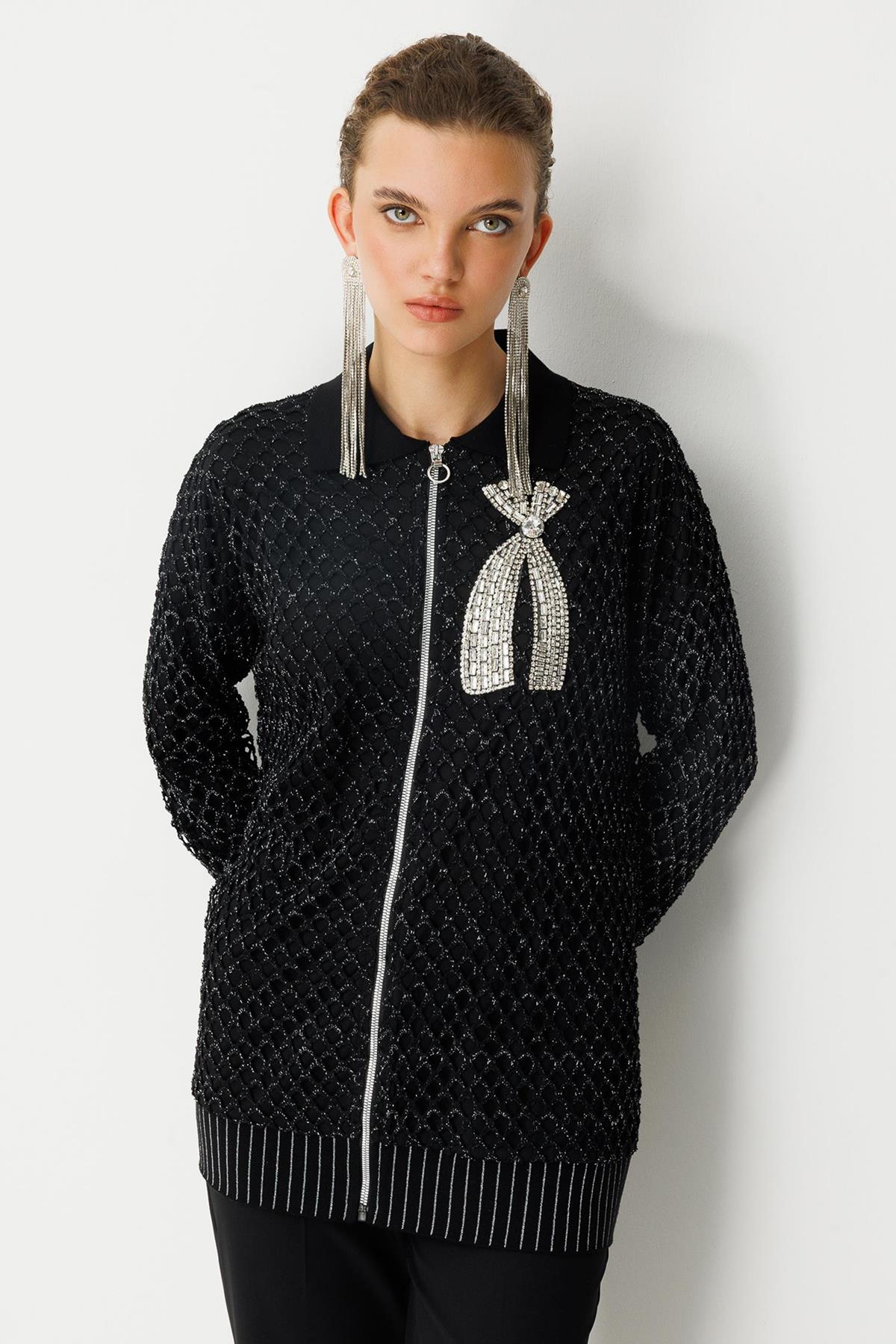 Aksesuar Detaylı Fermuarlı File Hırka