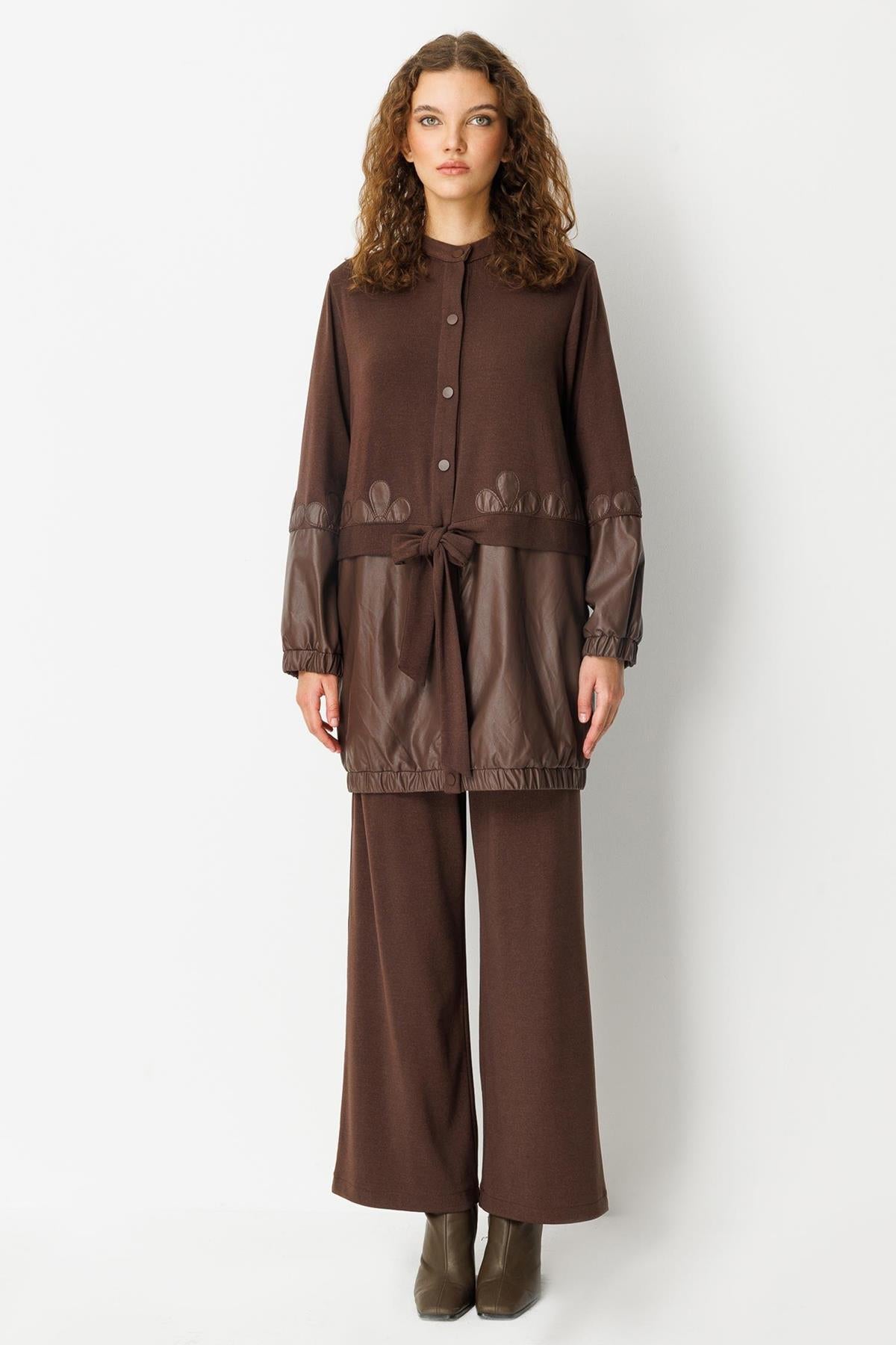 Waist-Tied Leather Detailed Tunic Trouser Set