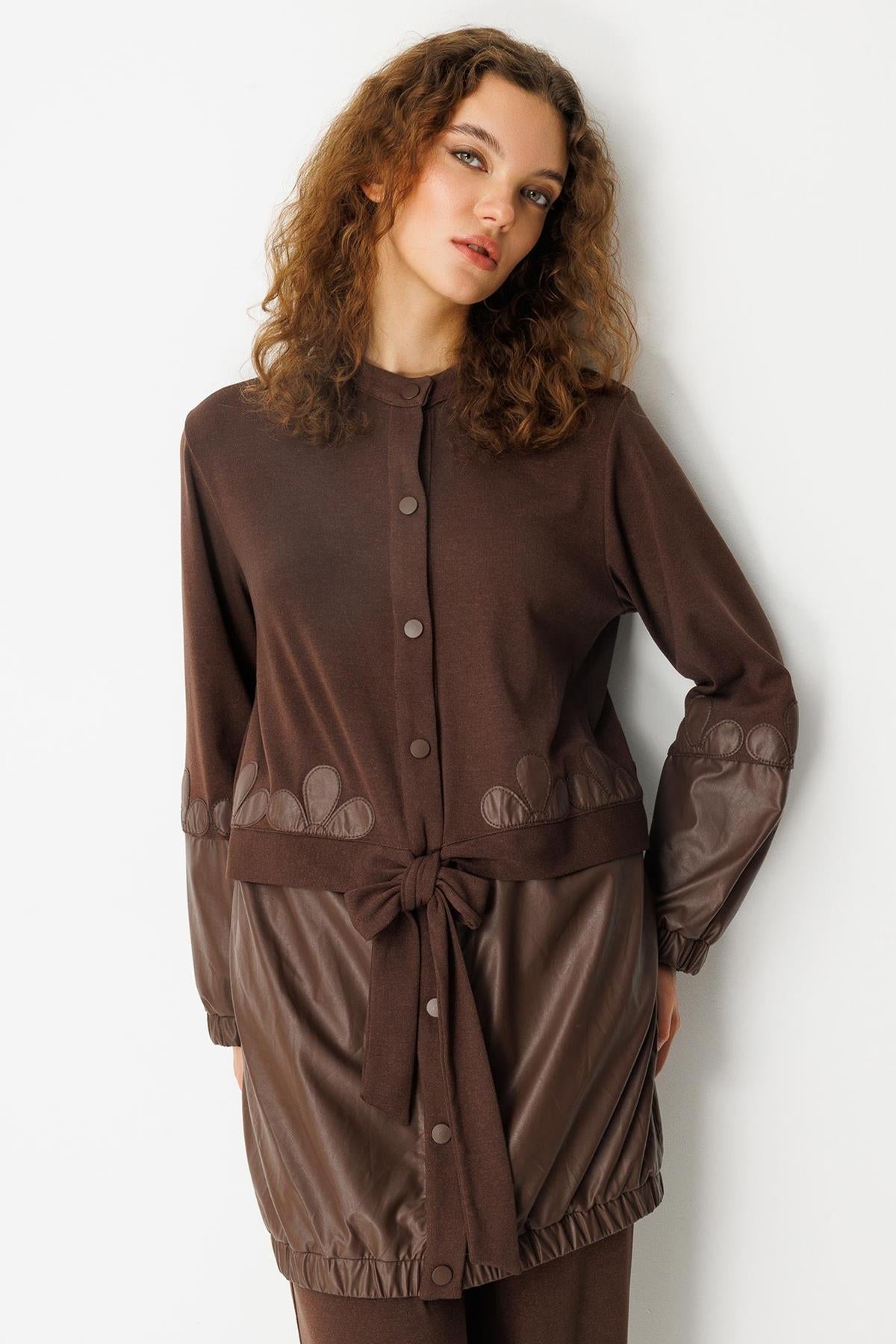 Waist-Tied Leather Detailed Tunic Trouser Set