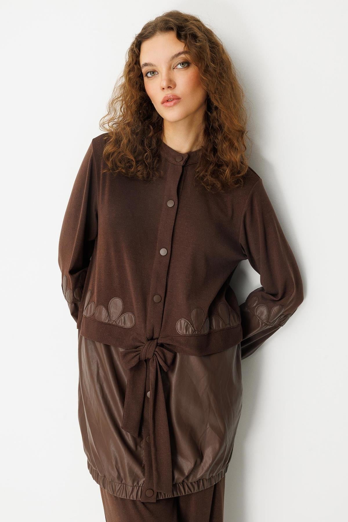 Waist-Tied Leather Detailed Tunic Trouser Set