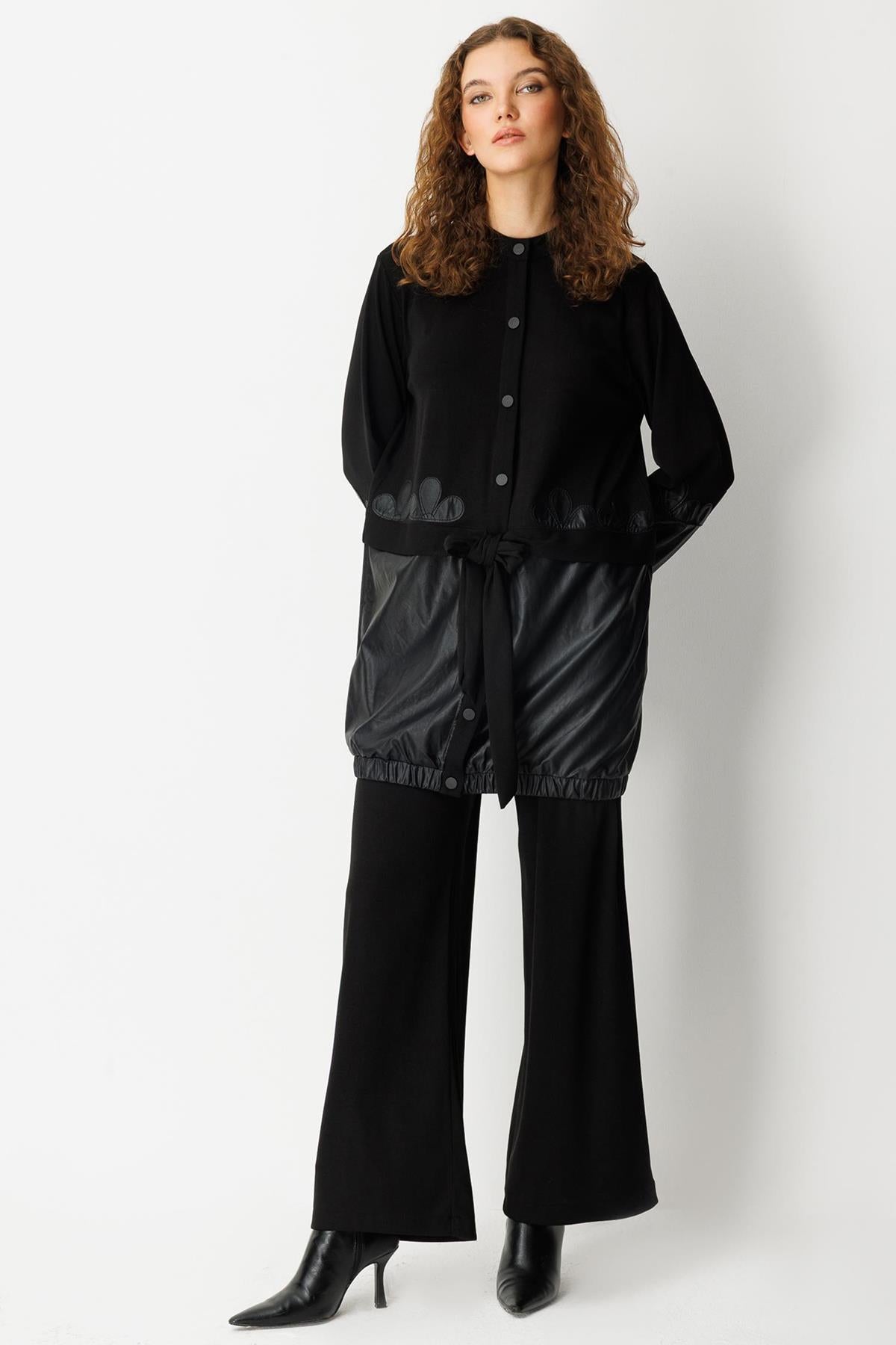 Waist-Tied Leather Detailed Tunic Trouser Set