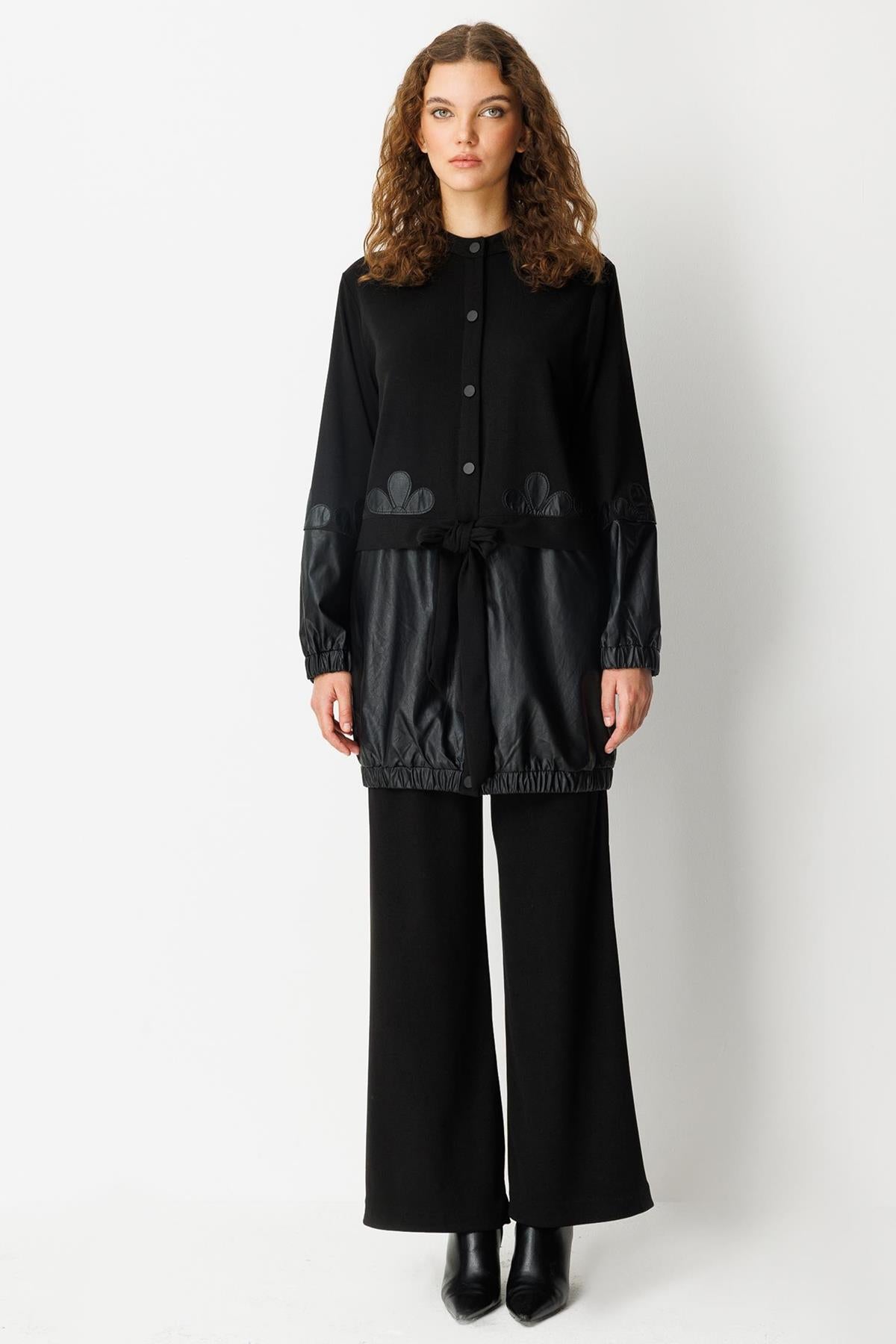 Waist-Tied Leather Detailed Tunic Trouser Set