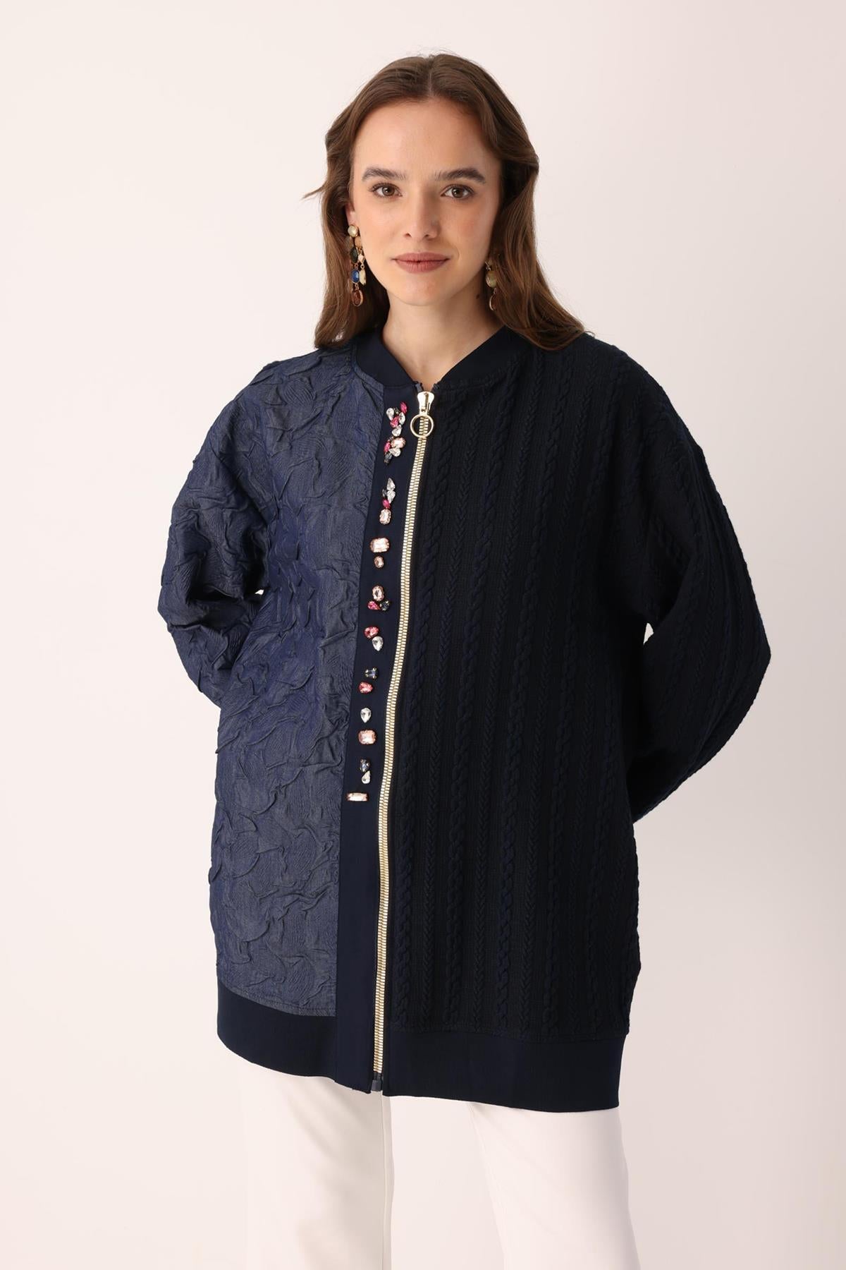 Renkli Taş İşlemeli Fermuarlı Ceket