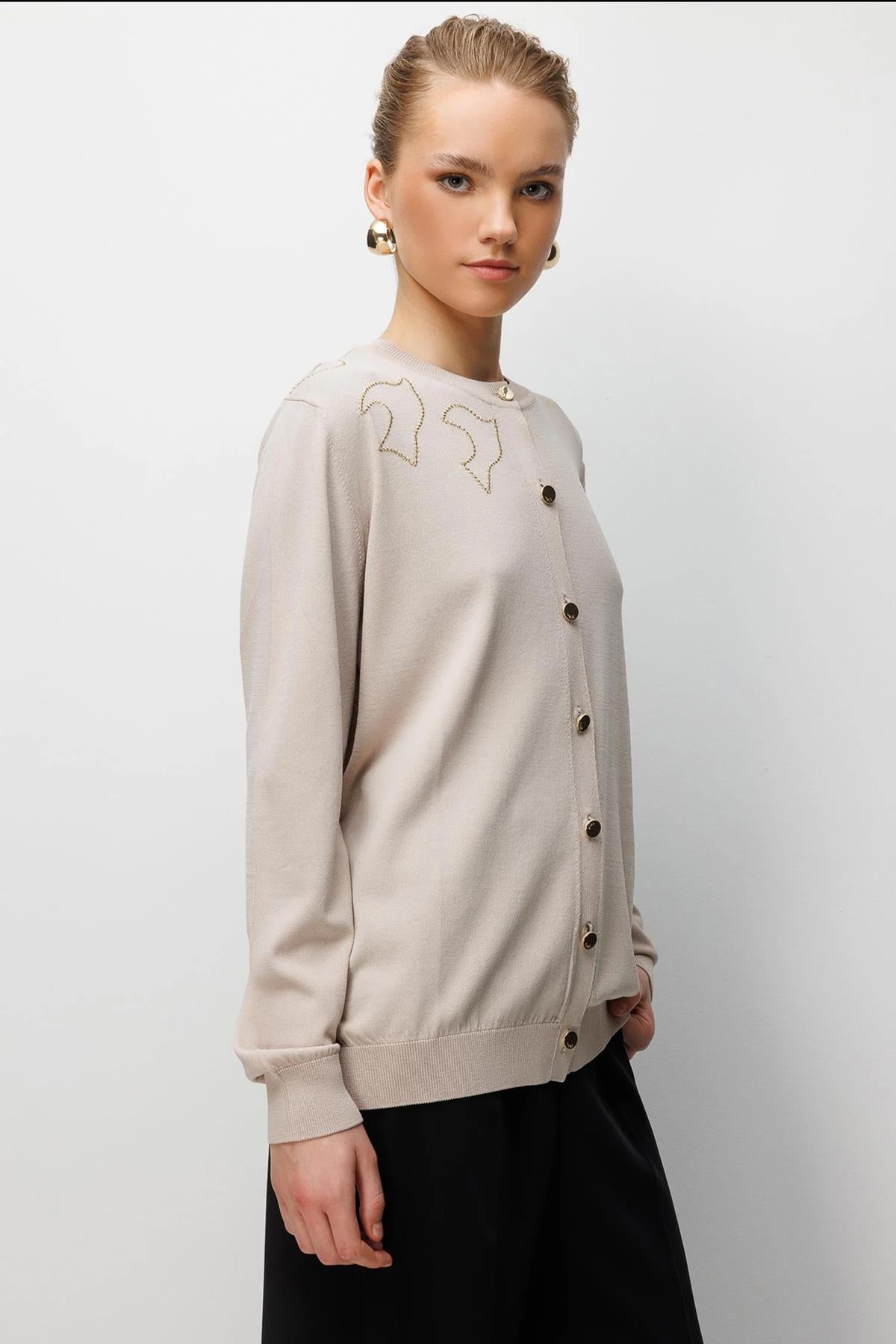 Kuş Deseni İşlemeli Triko Hırka