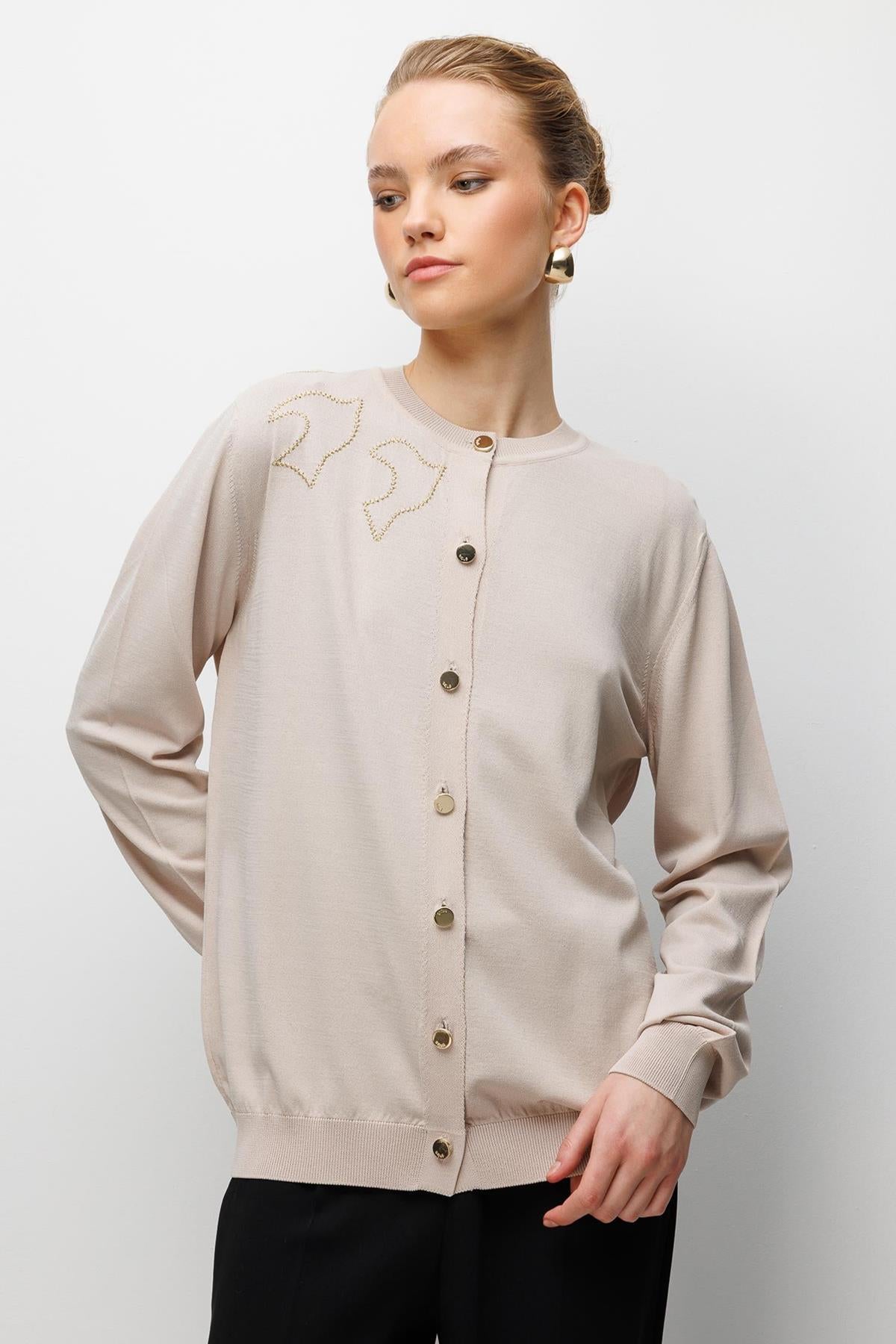 Kuş Deseni İşlemeli Triko Hırka