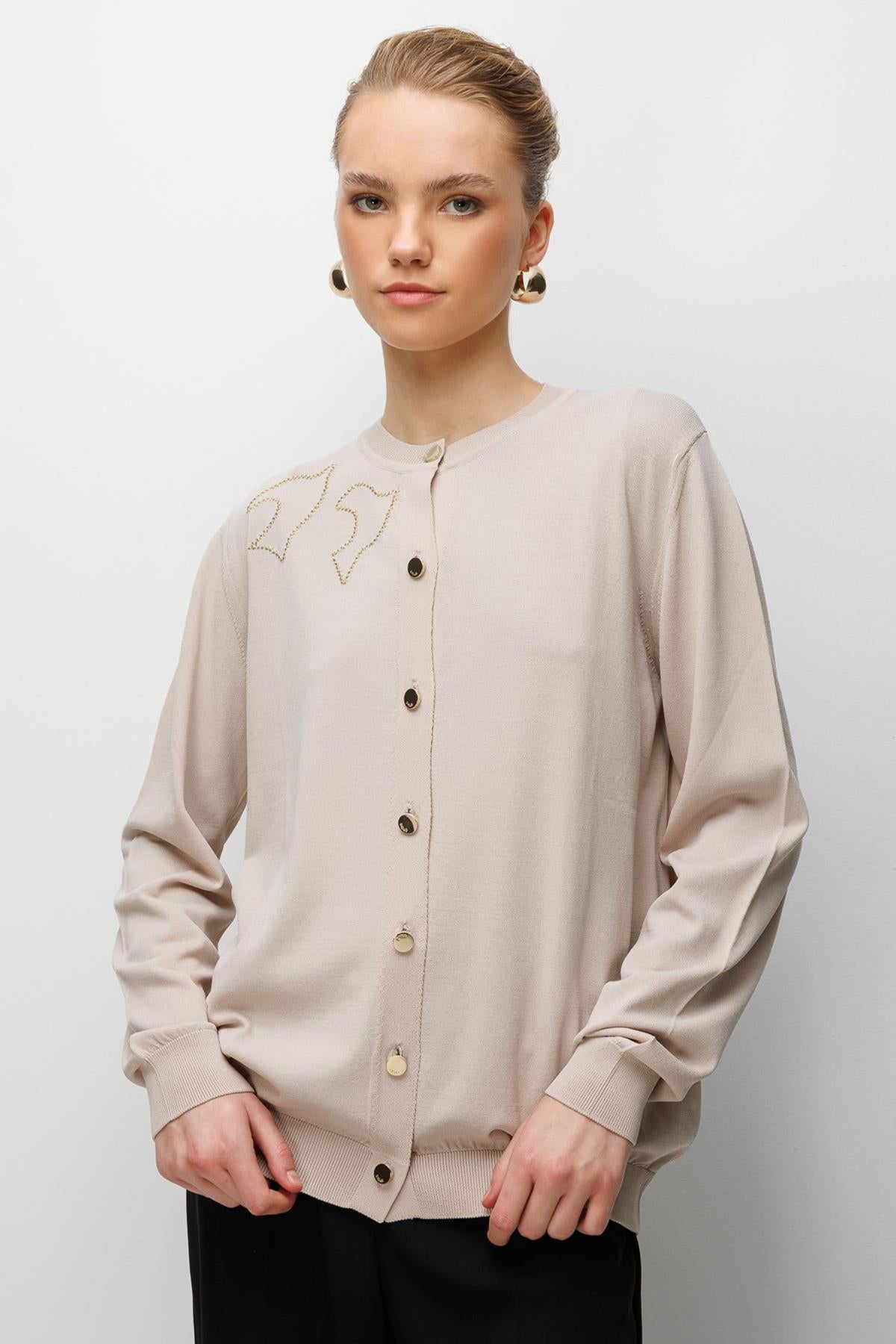 Kuş Deseni İşlemeli Triko Hırka