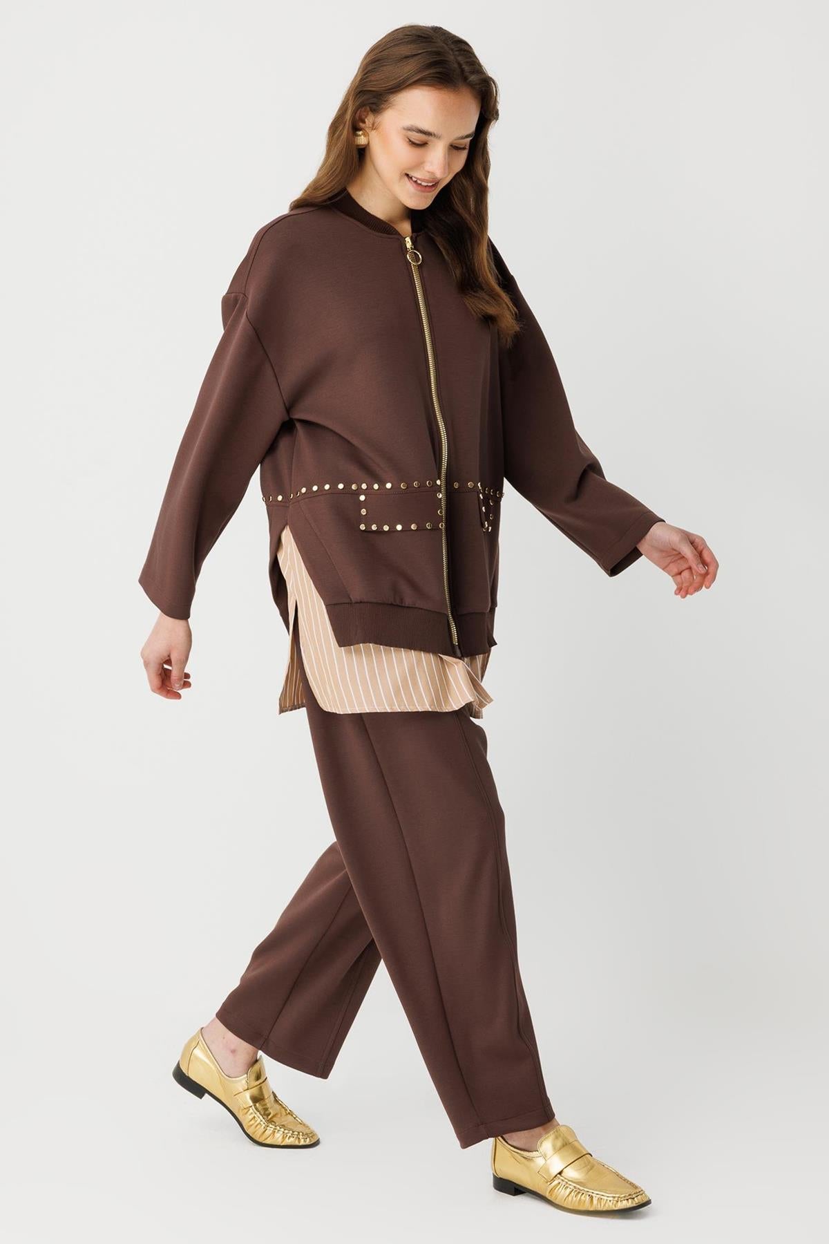 Zımba Detaylı Fermuarlı Ceket Ve Pantolon Takım