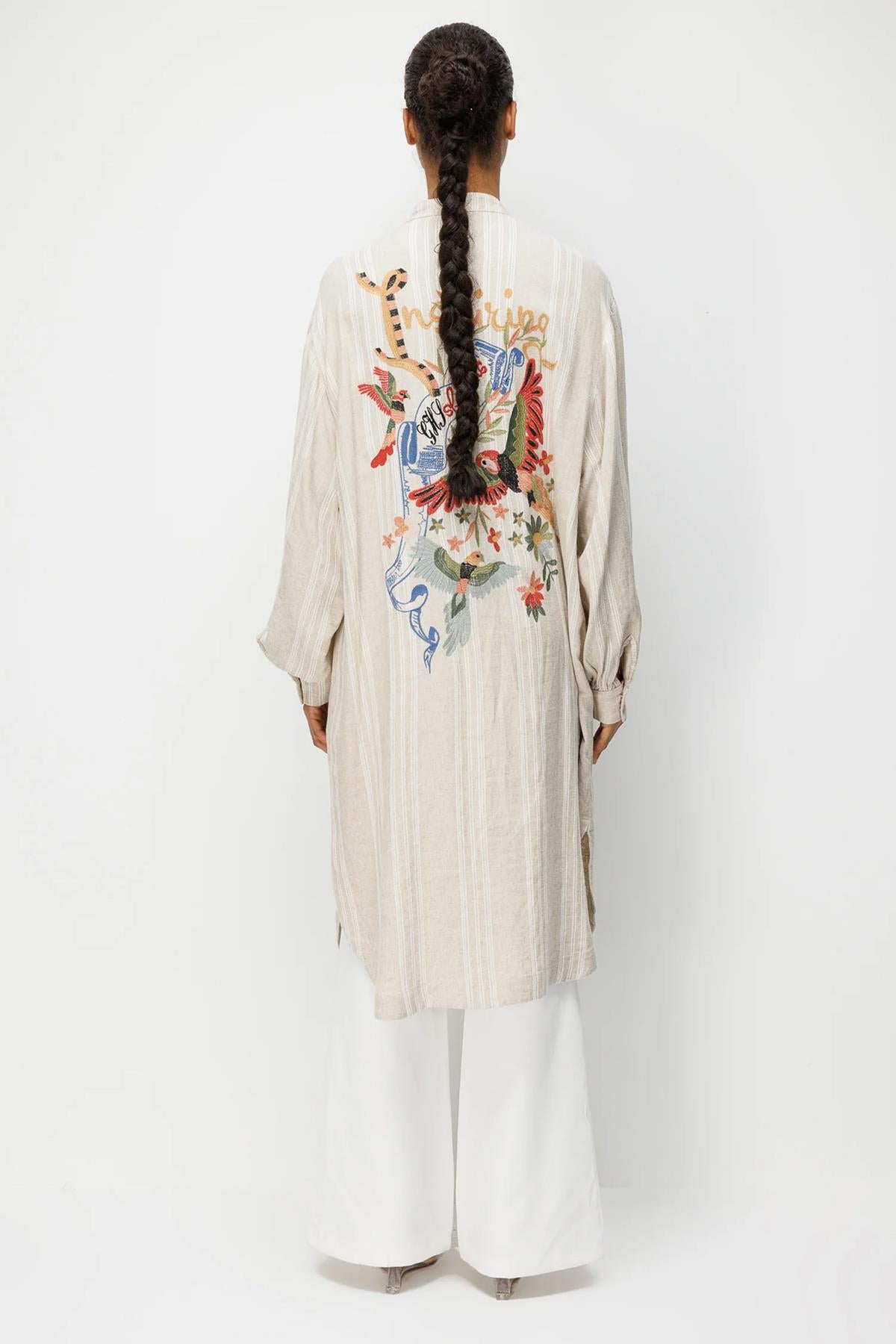 Renkli Düğmeli Arka Desenli Keten Uzun Tunik