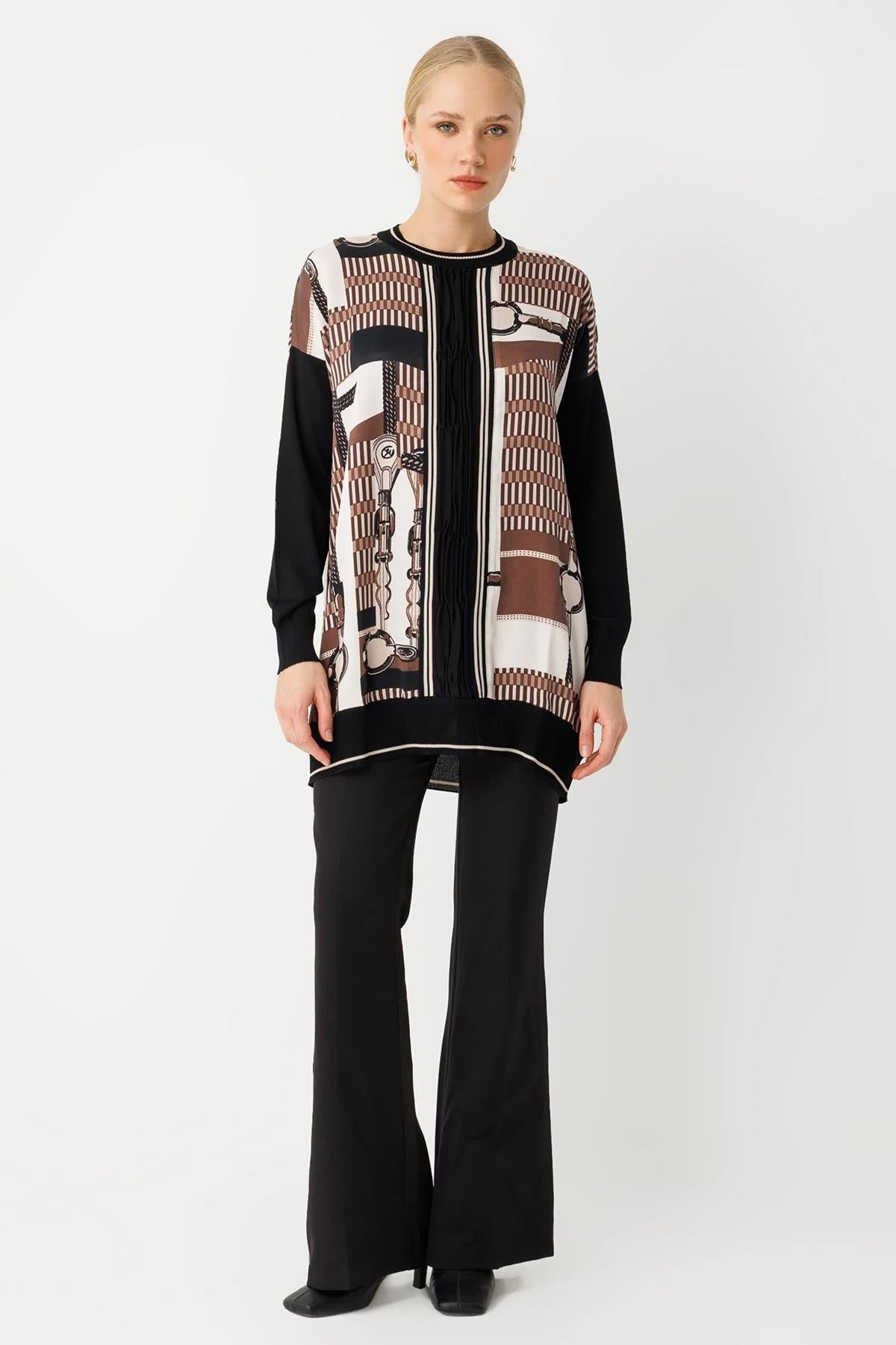 Sıfır Yaka Desenli Tunik