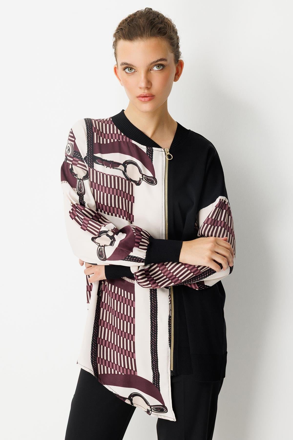 Asymmetrical Cut Zippered Patterned Tunic