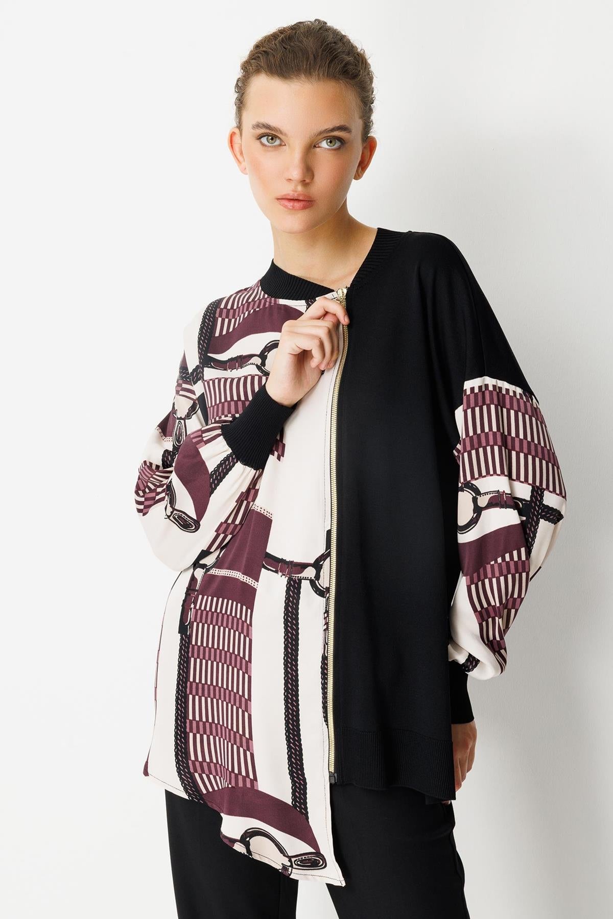 Asymmetrical Cut Zippered Patterned Tunic