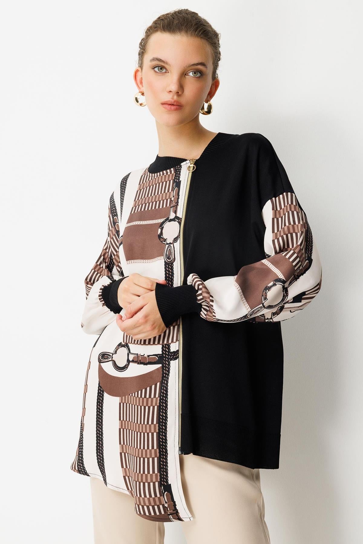Asymmetrical Cut Zippered Patterned Tunic