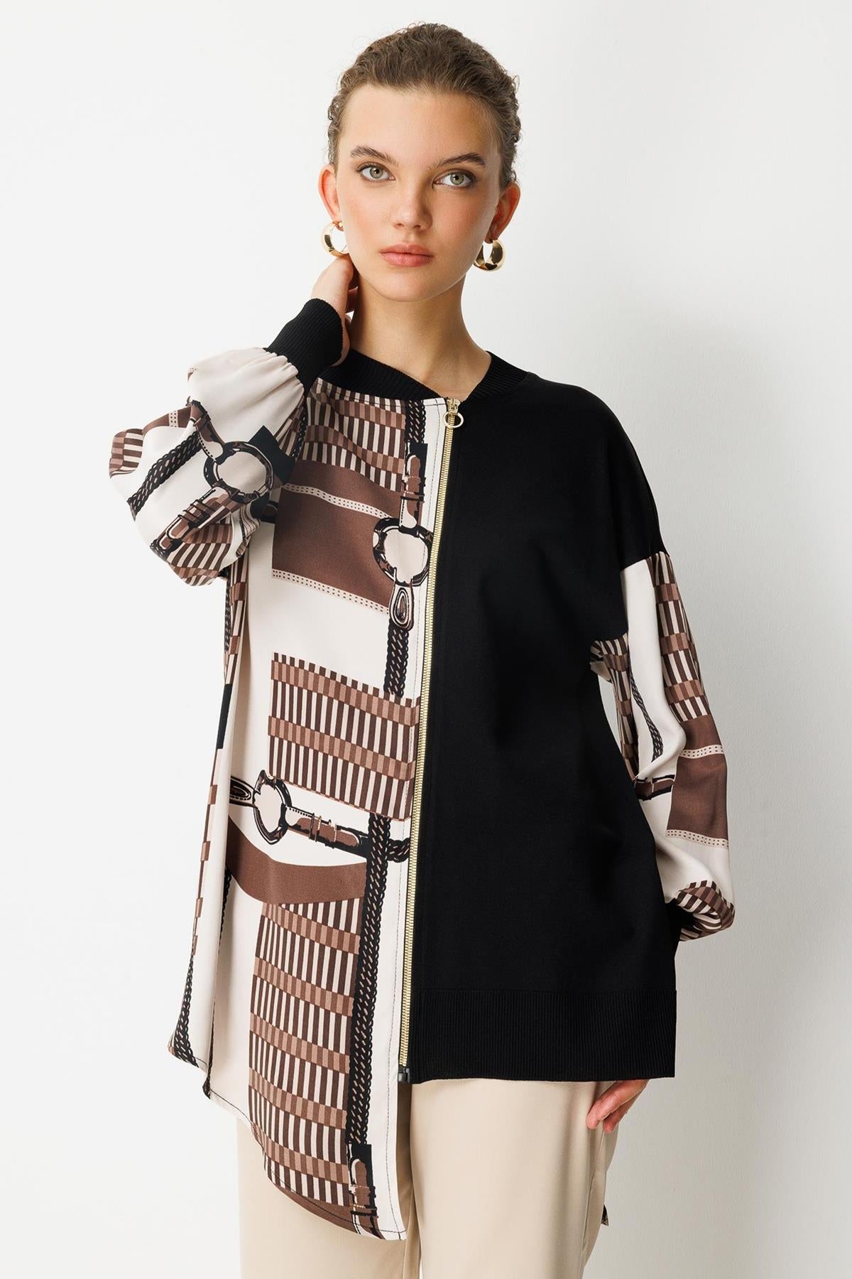 Asymmetrical Cut Zippered Patterned Tunic