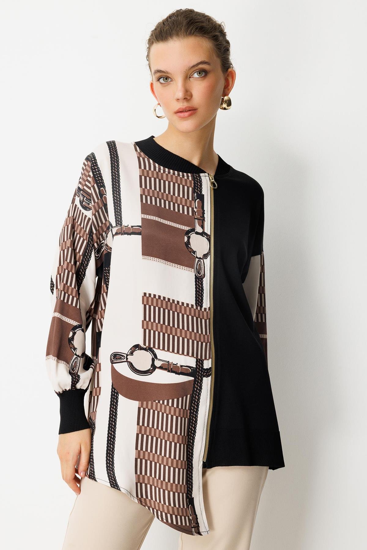 Asymmetrical Cut Zippered Patterned Tunic