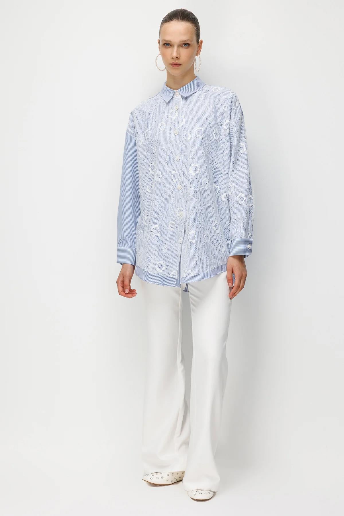 Lace Detail Striped Shirt Tunic