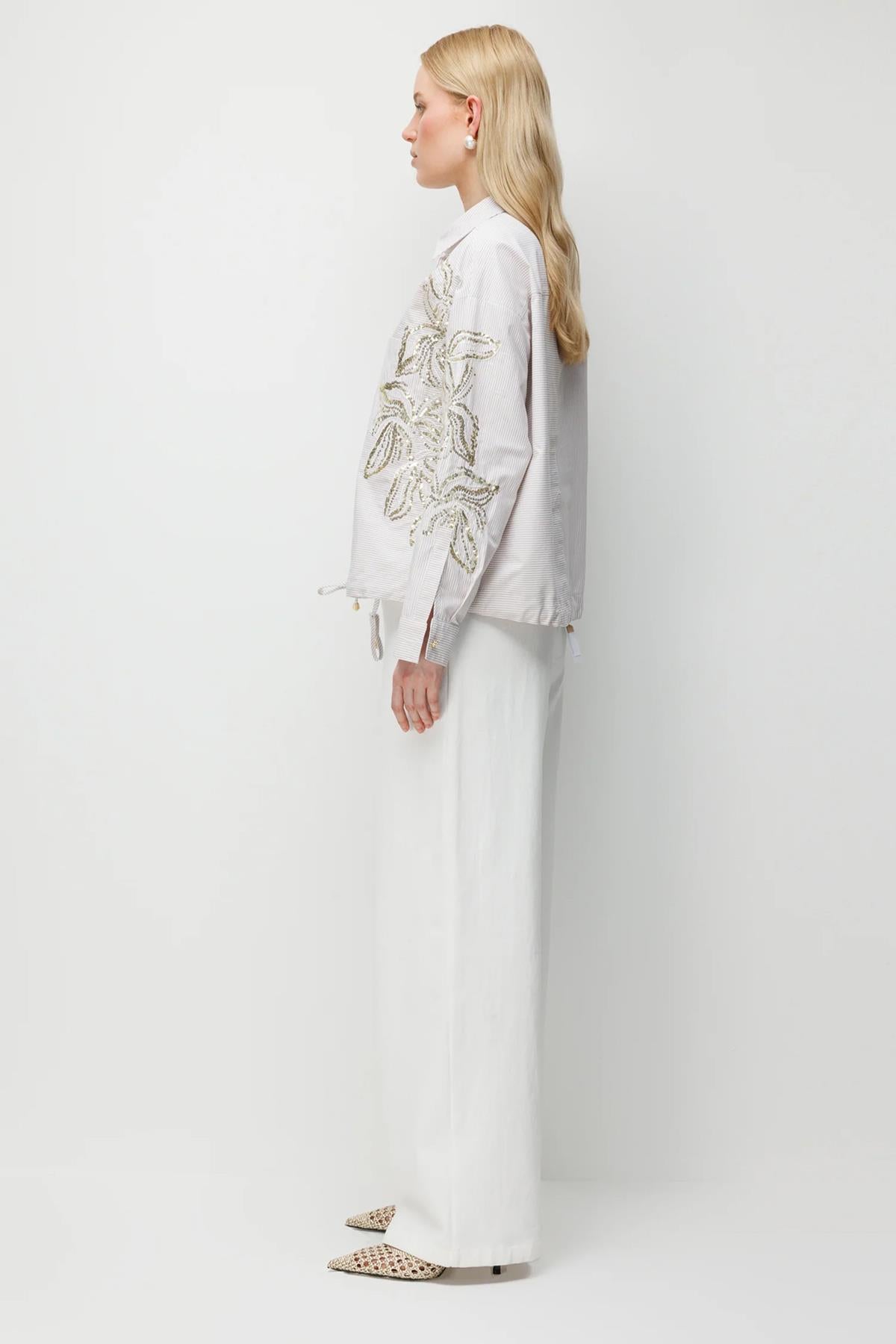 Payet İşlemeli Çizgili Kısa Gömlek