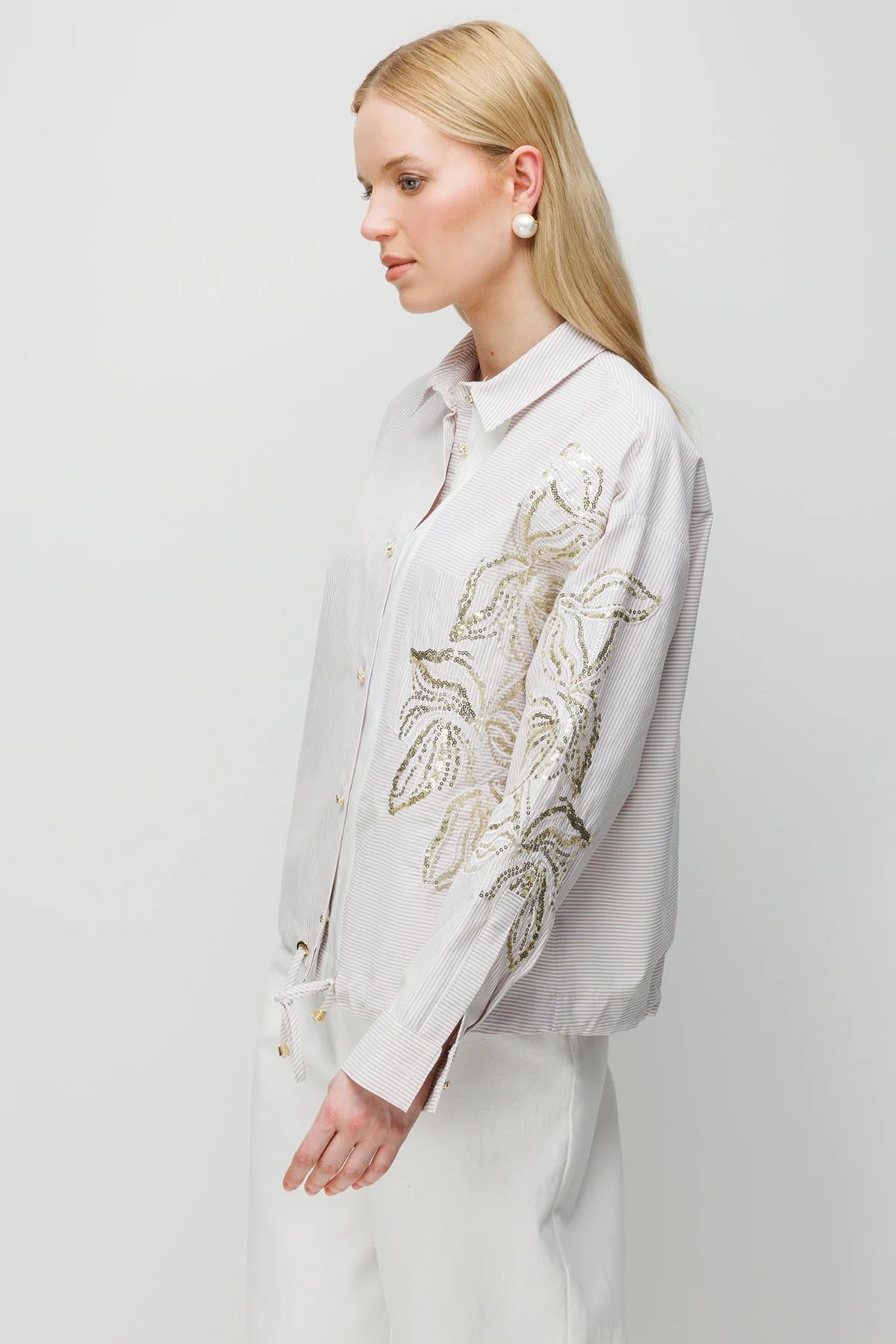 Payet İşlemeli Çizgili Kısa Gömlek