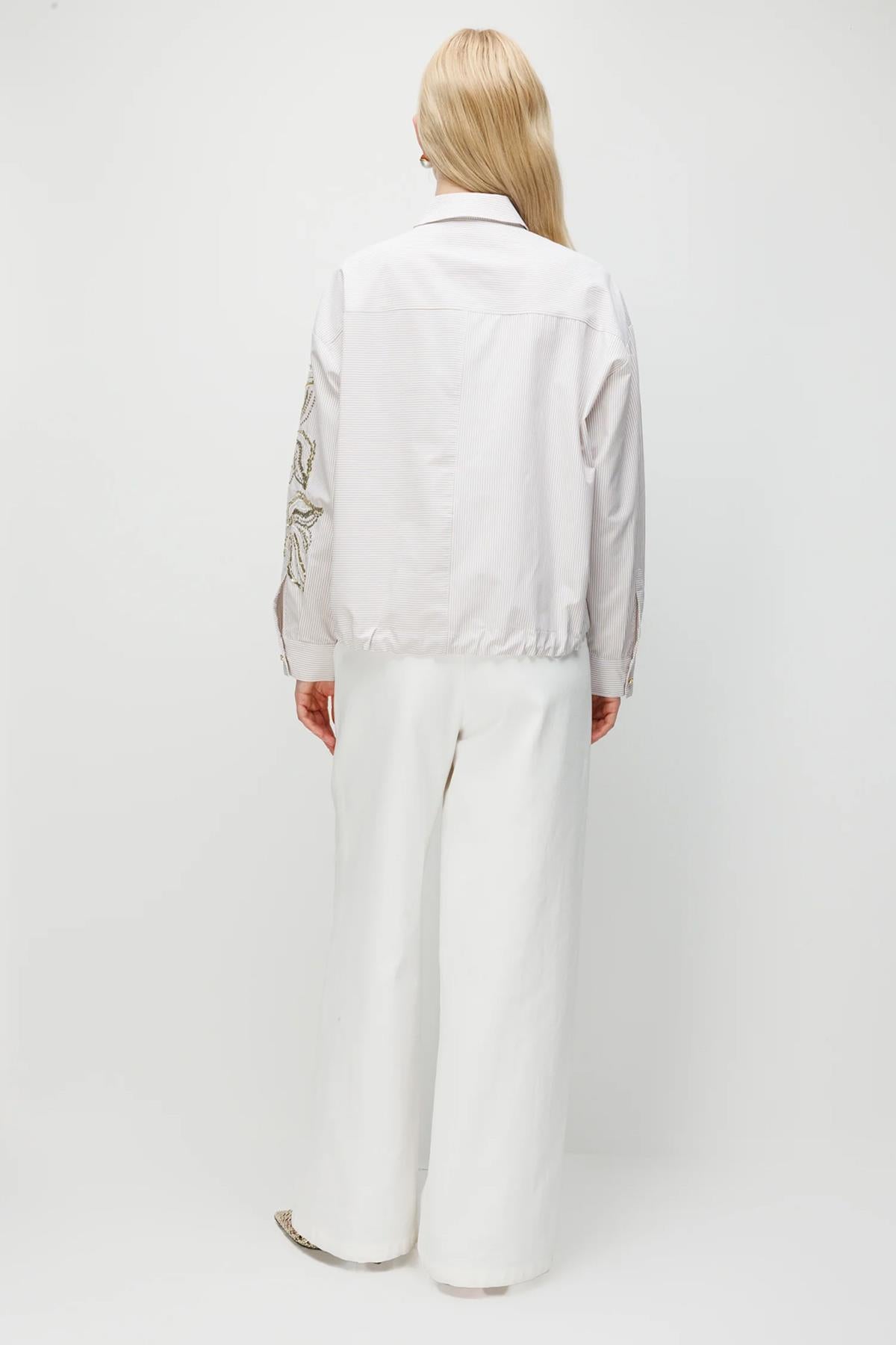 Payet İşlemeli Çizgili Kısa Gömlek