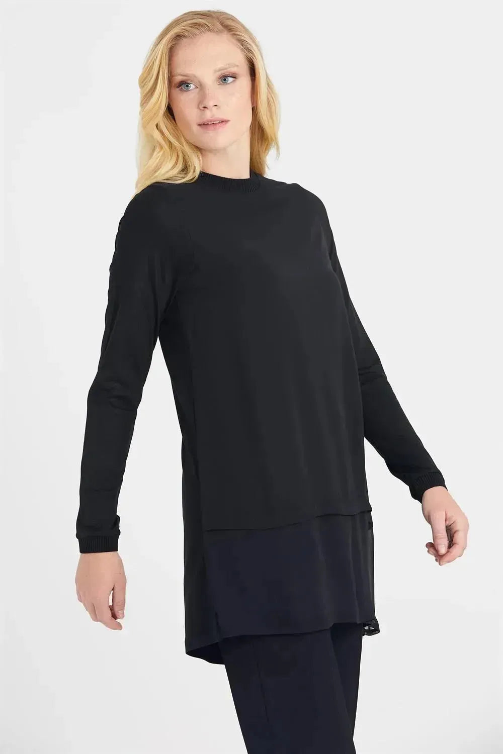 Chiffon Front Ribbed Long Sleeve Tunic