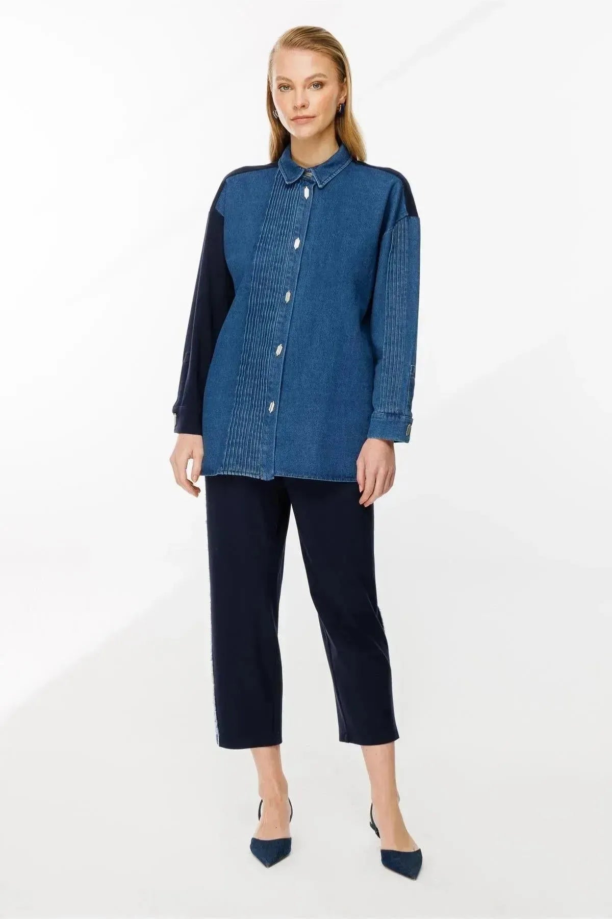 Denim and Combed Cotton Blend Trousers Shirt Set