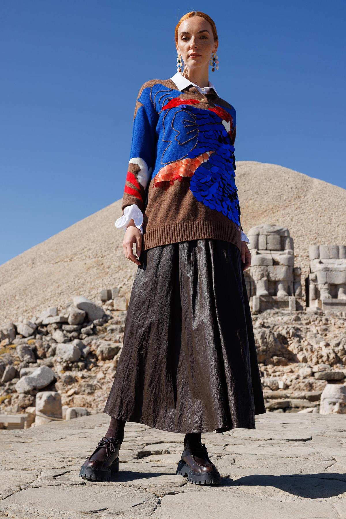 Kırışık Dokulu Deri Görünümlü Etek