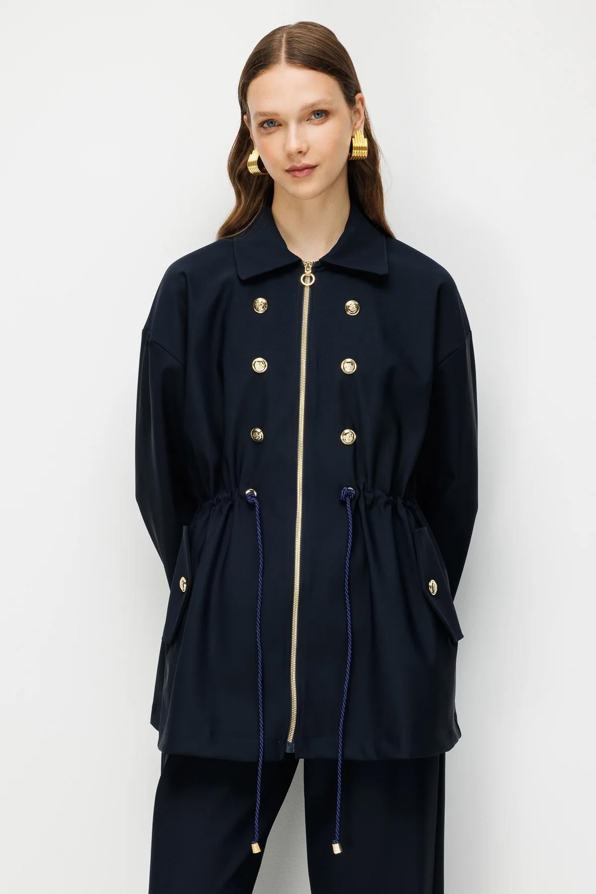 Shirred Waist Decorative Button Jacket and Trousers Set
