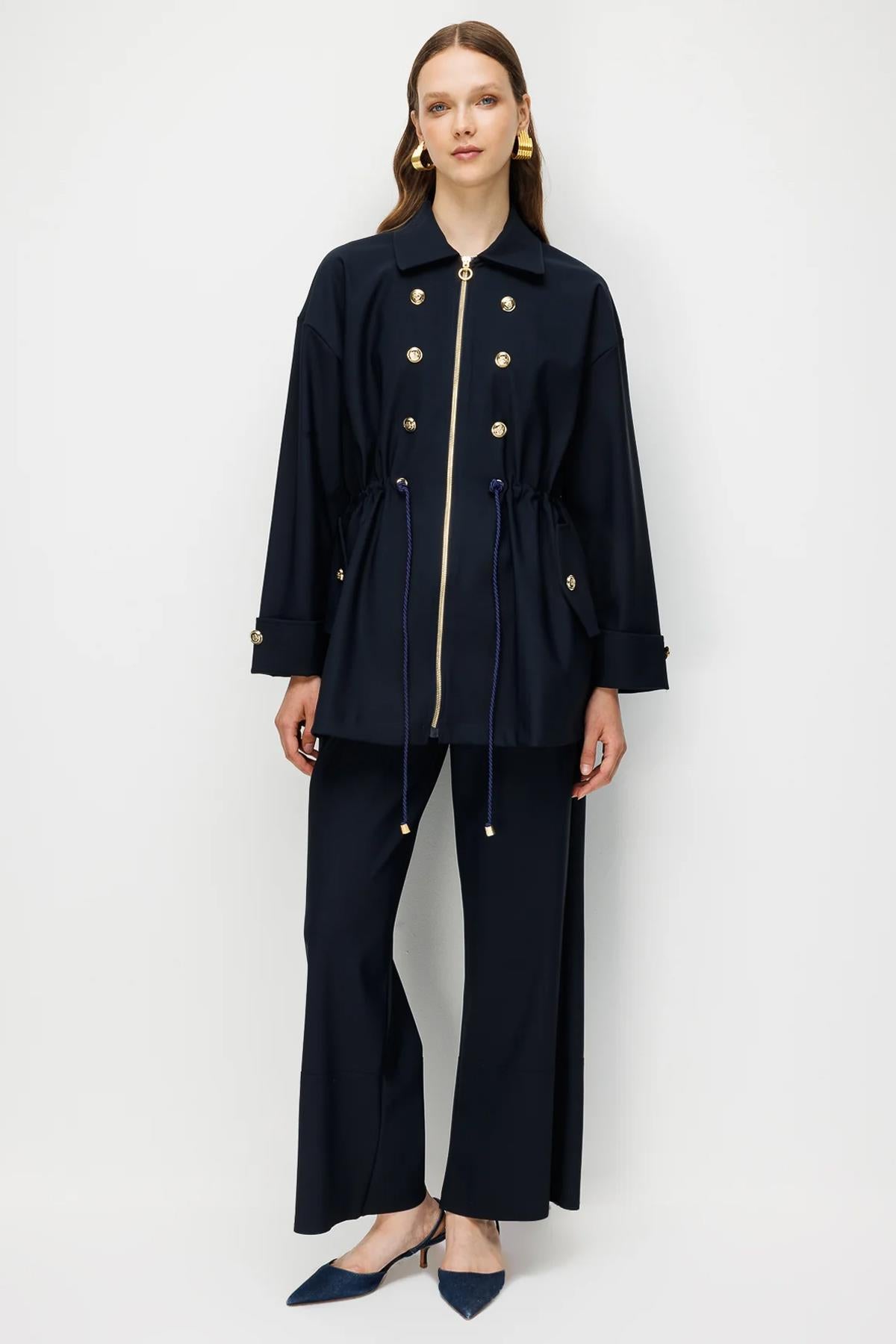 Shirred Waist Decorative Button Jacket and Trousers Set
