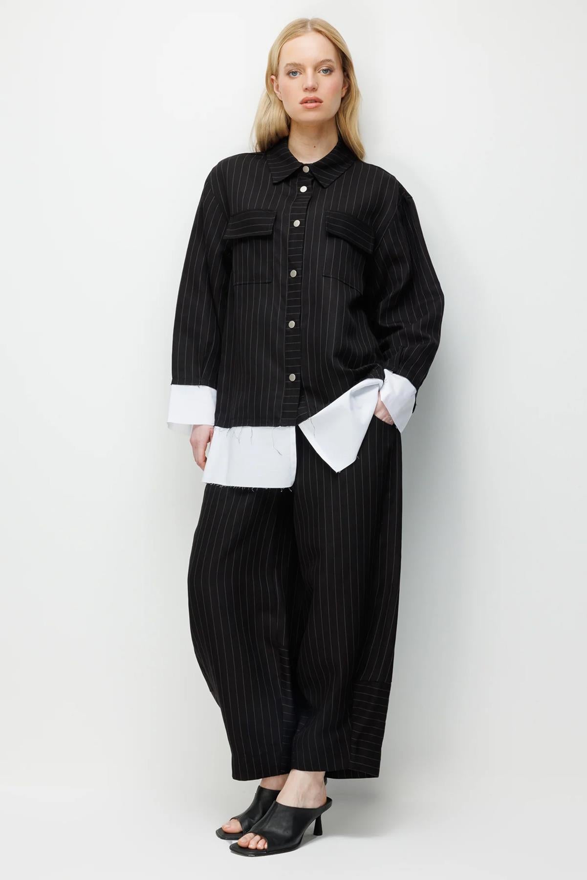Çizgili Oversize Gömlek Pantolon Takım