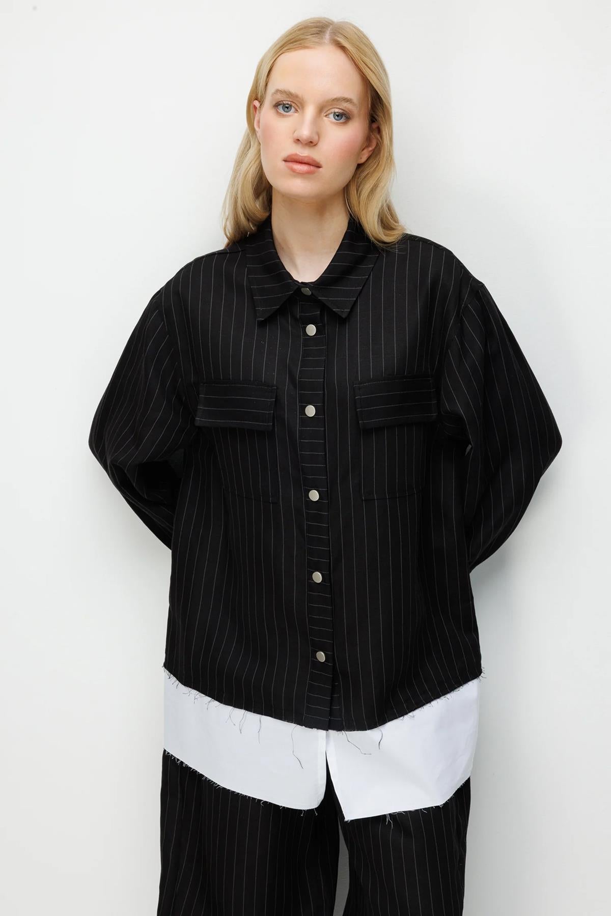 Çizgili Oversize Gömlek Pantolon Takım