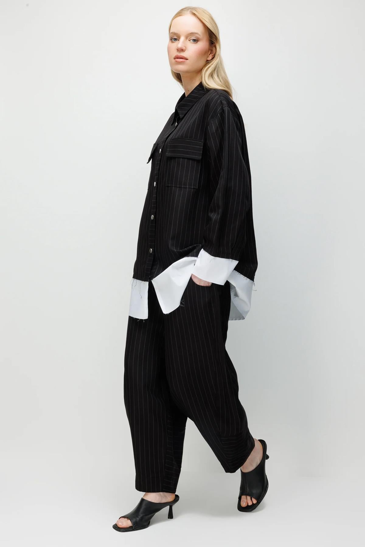 Çizgili Oversize Gömlek Pantolon Takım