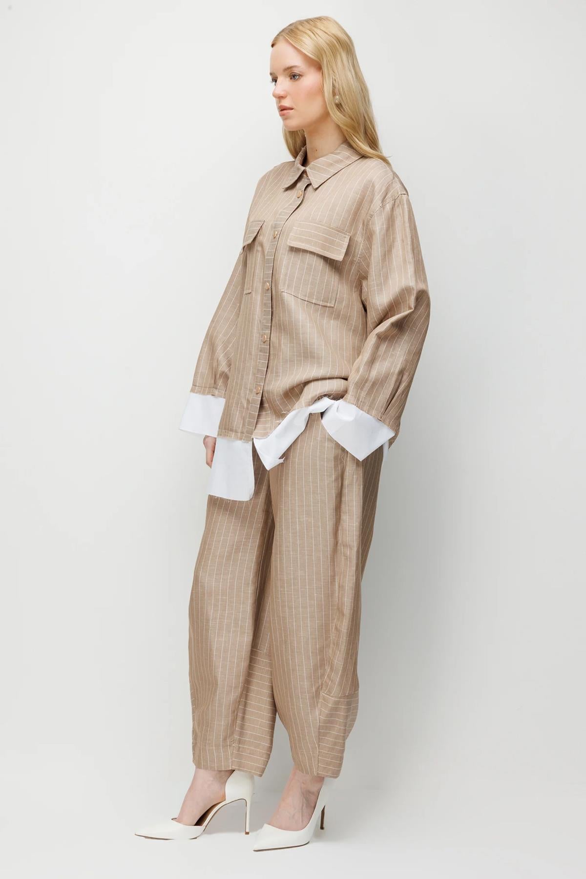 Çizgili Oversize Gömlek Pantolon Takım