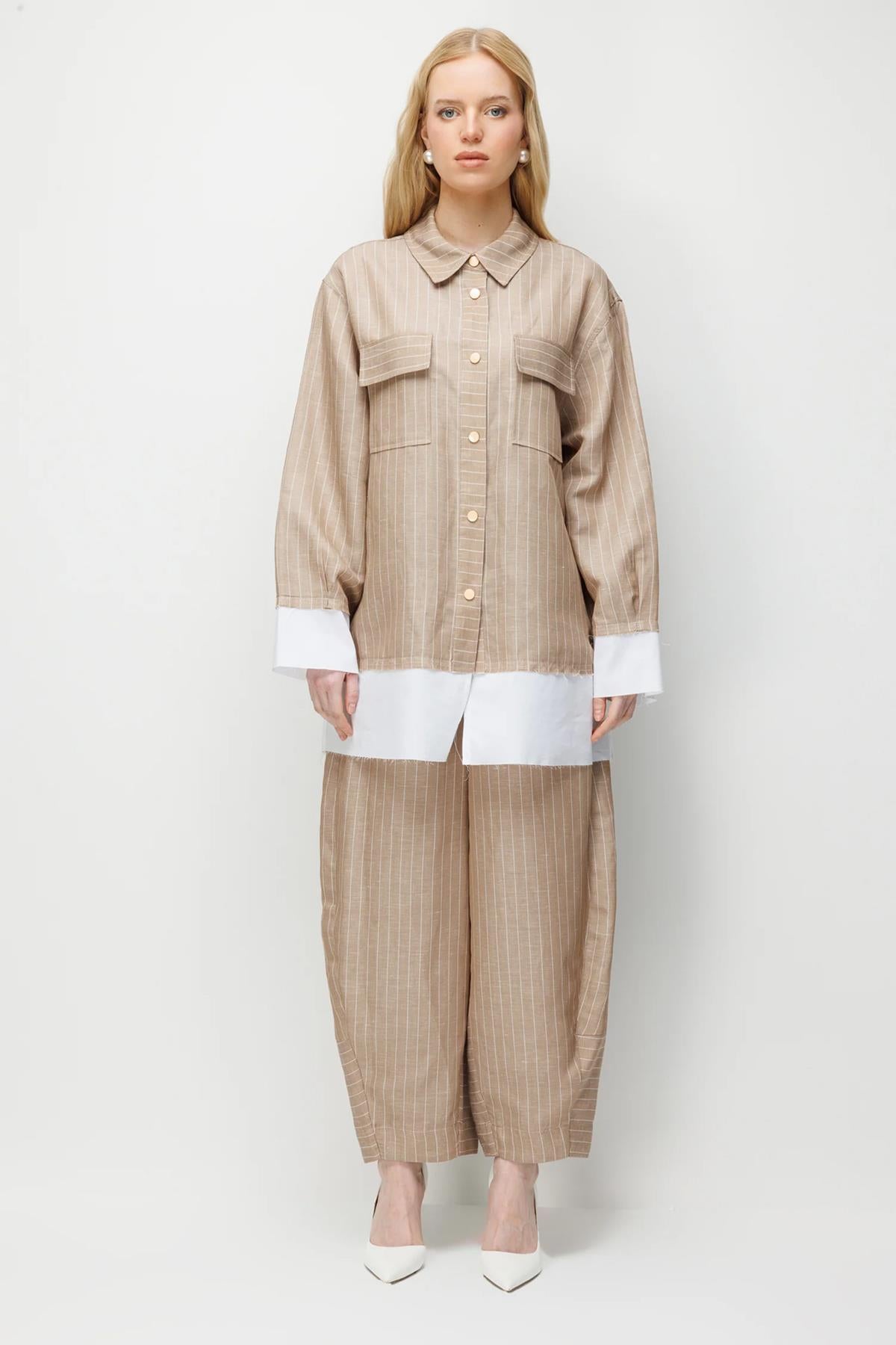 Çizgili Oversize Gömlek Pantolon Takım