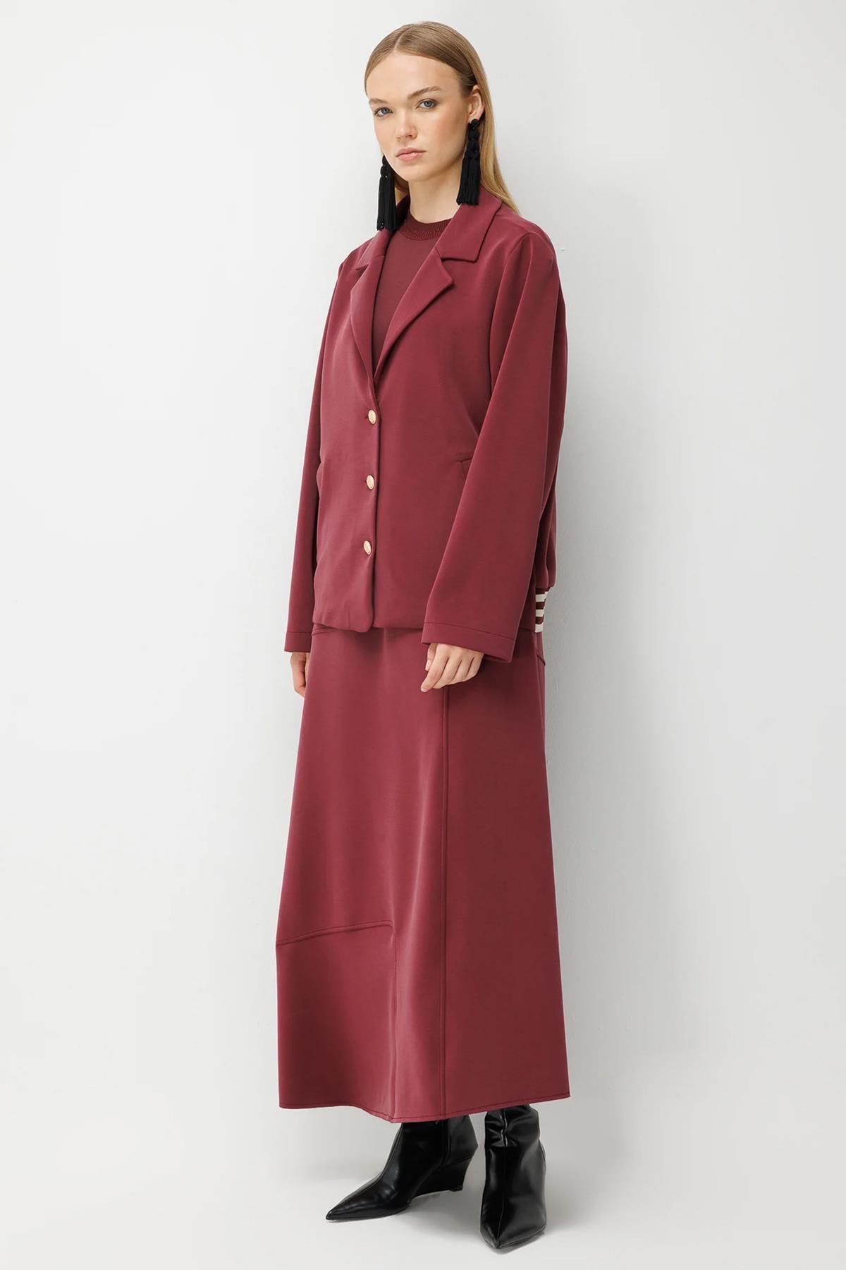 Ribbed Detail Blazer Jacket and Skirt Set