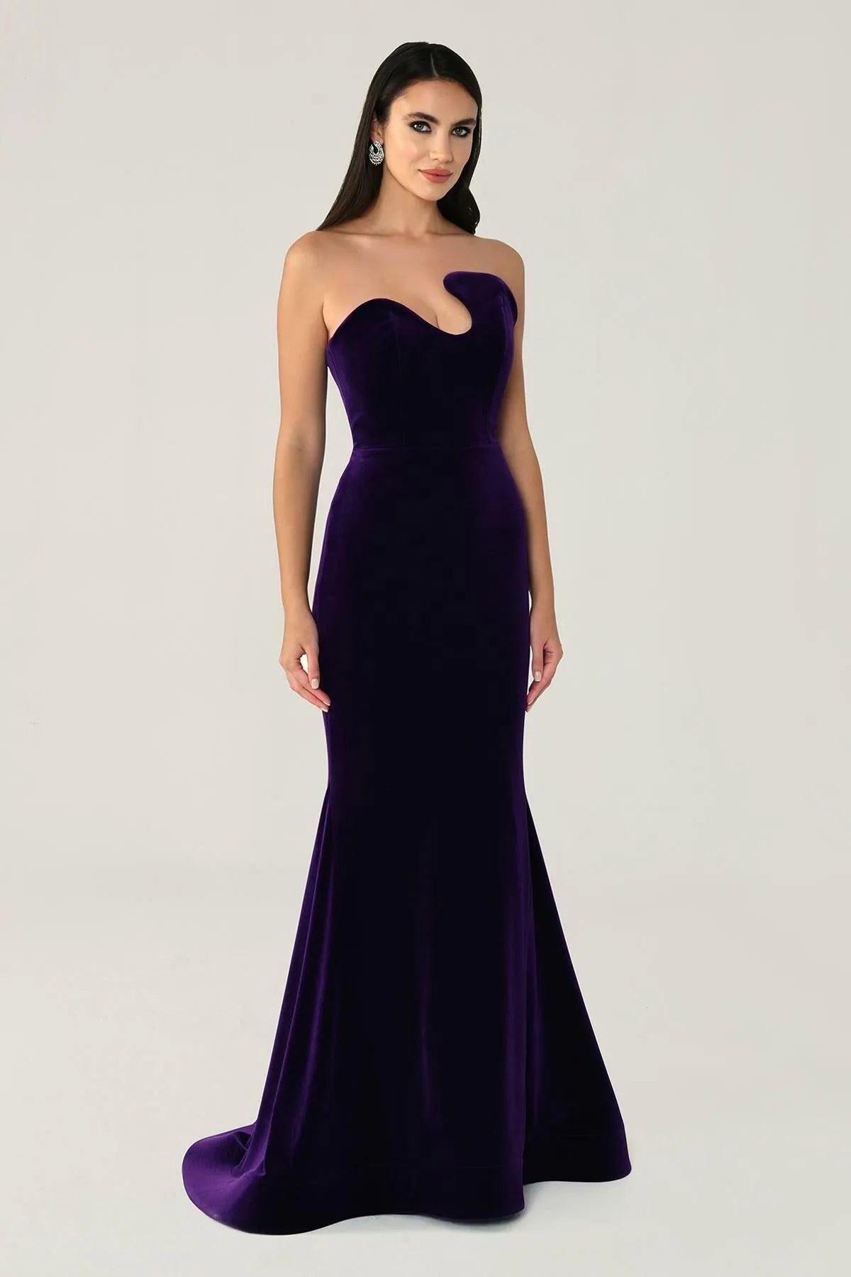 Asymmetrical Strapless Neck Velvet Evening Dress