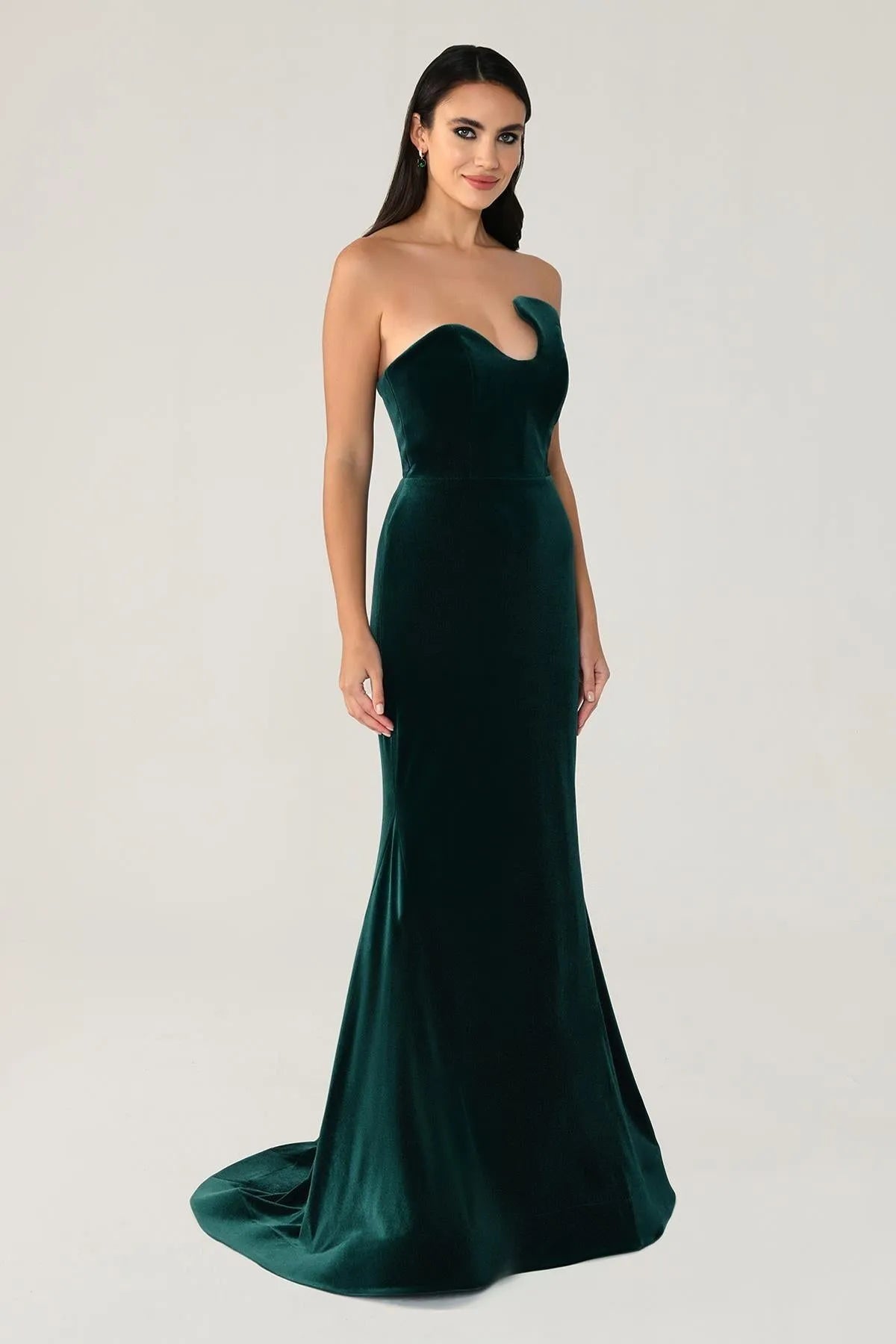 Asymmetrical Strapless Neck Velvet Evening Dress