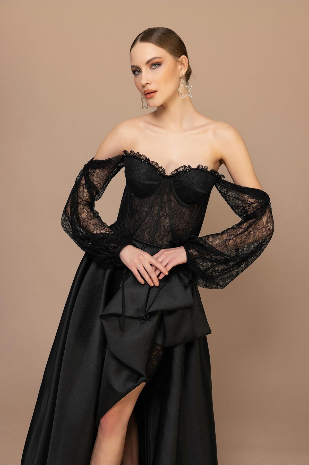 Göğüs Dantel Şeritli Tafta Elbise - Eser Giyim