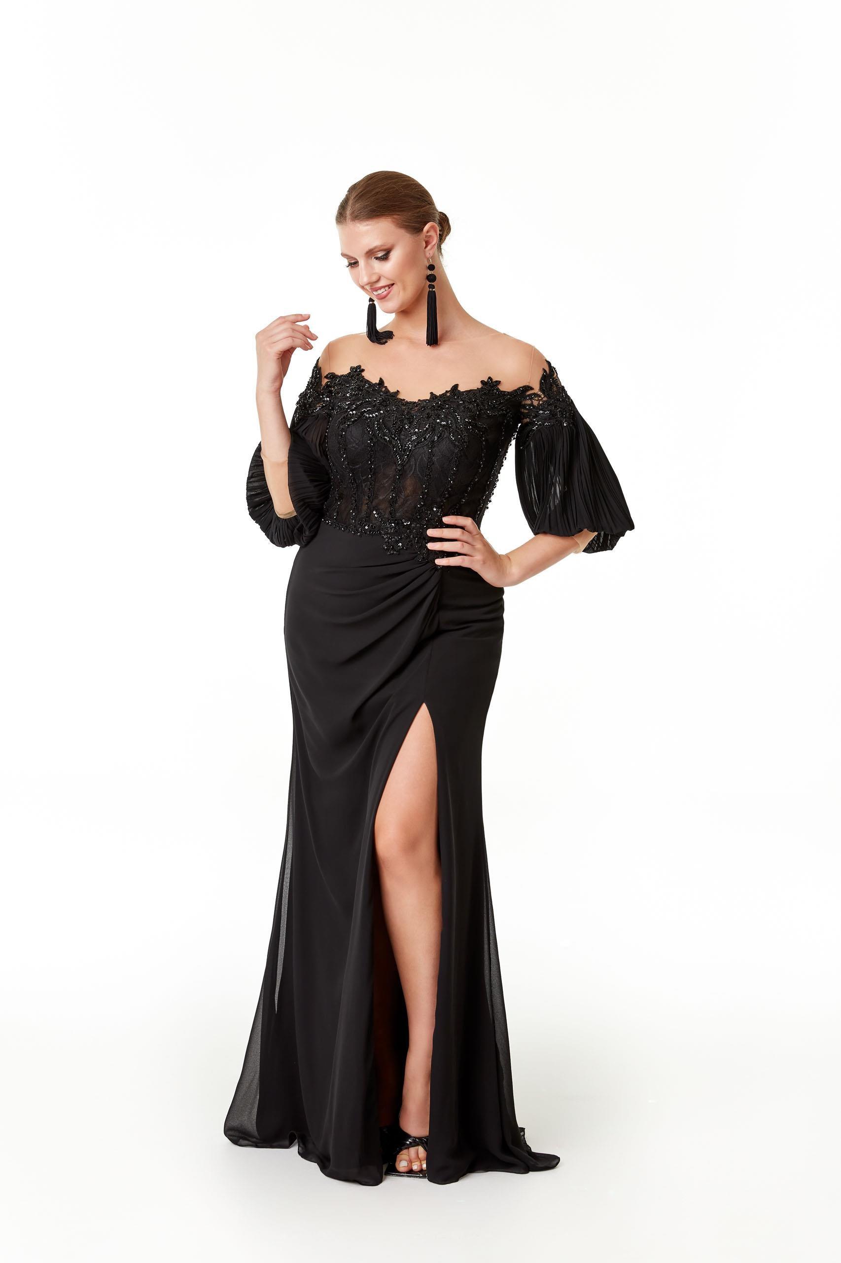 Göğüs Taş İşlemeli Büyük Beden Elbise - Eser Giyim