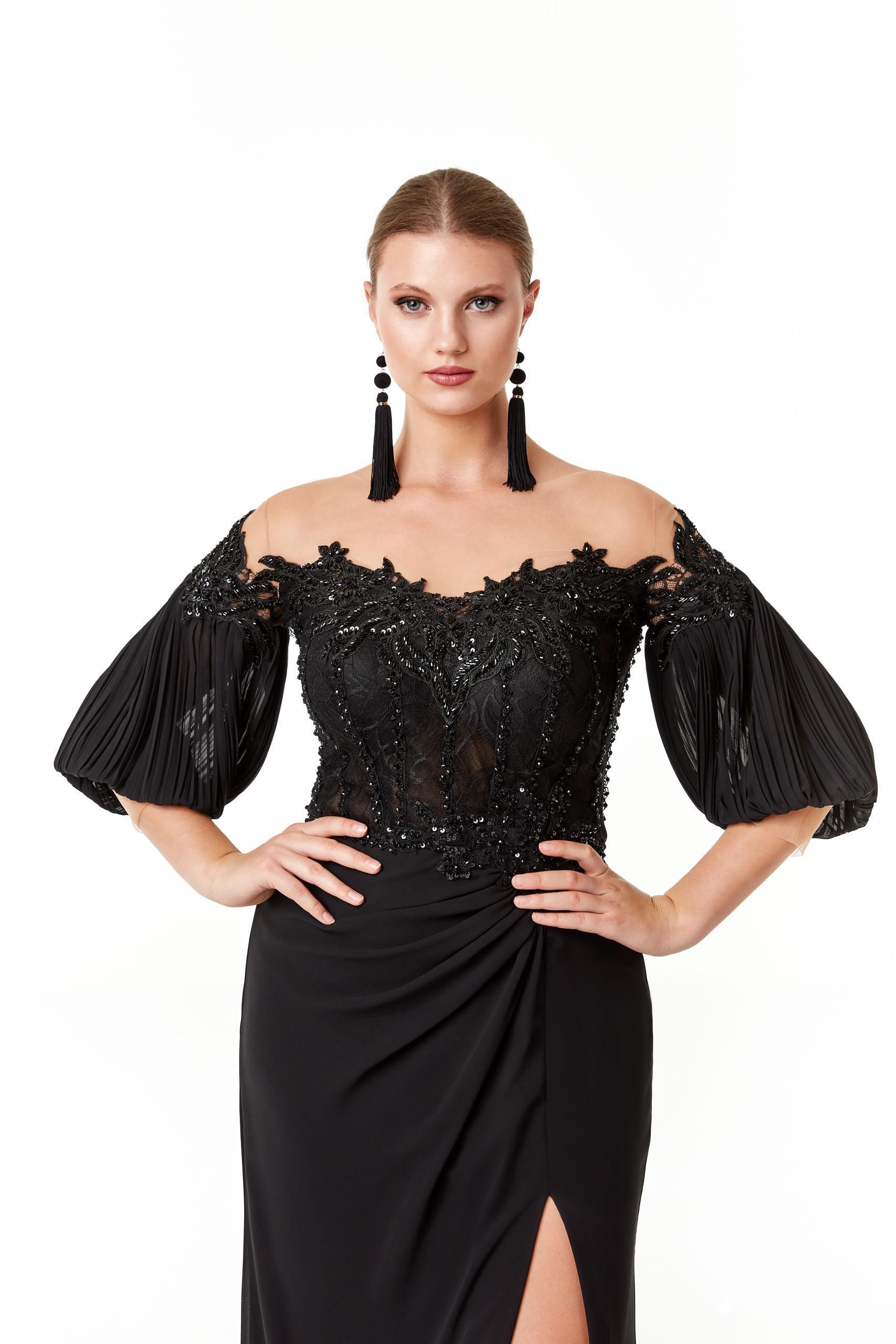 Göğüs Taş İşlemeli Büyük Beden Elbise - Eser Giyim