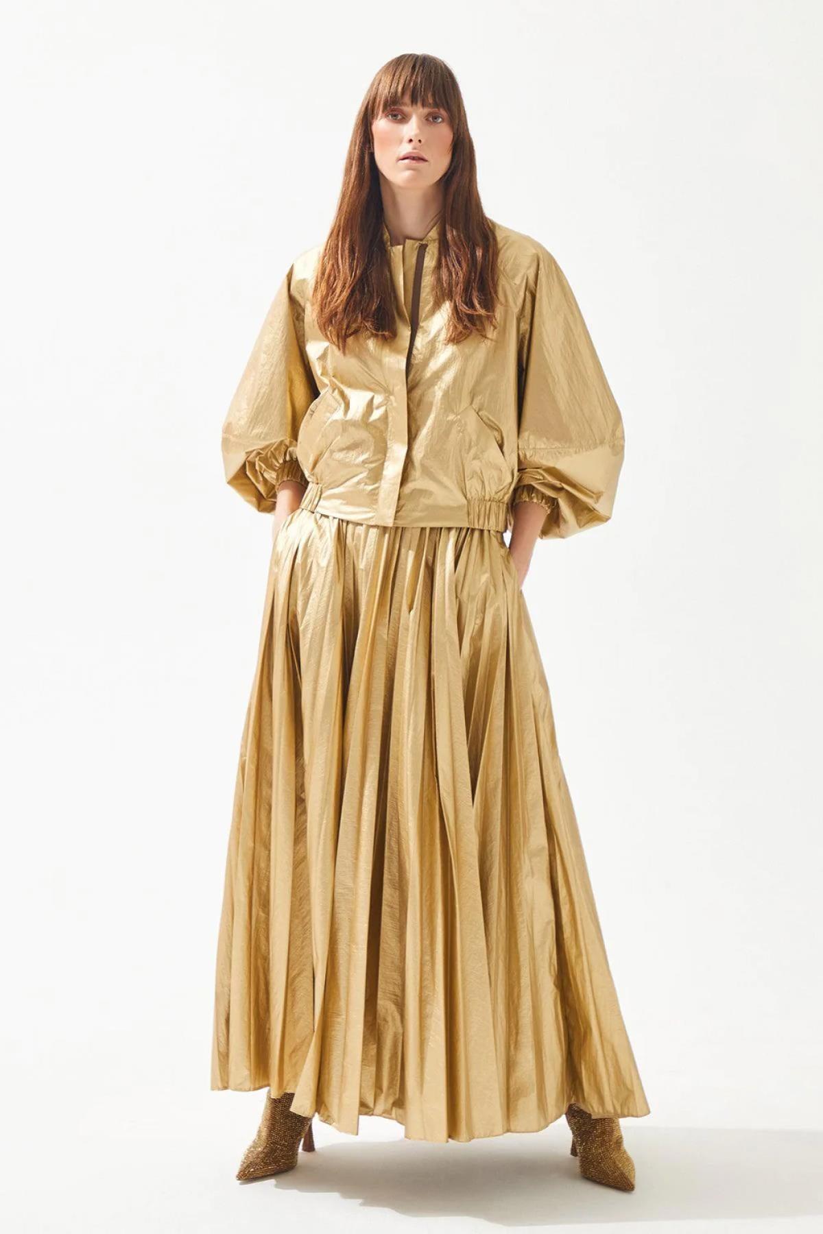 Gold Parlak Piliseli Yandan Cepli Uzun Etek - Eser Giyim