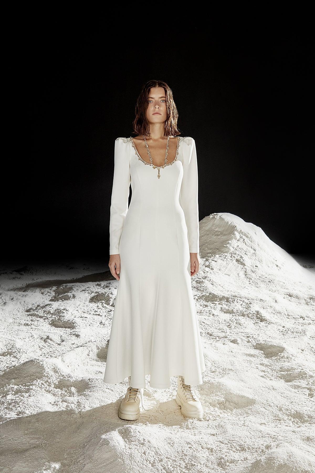 Havuz Yaka Taş İşleme Uzun Elbise - Eser Giyim