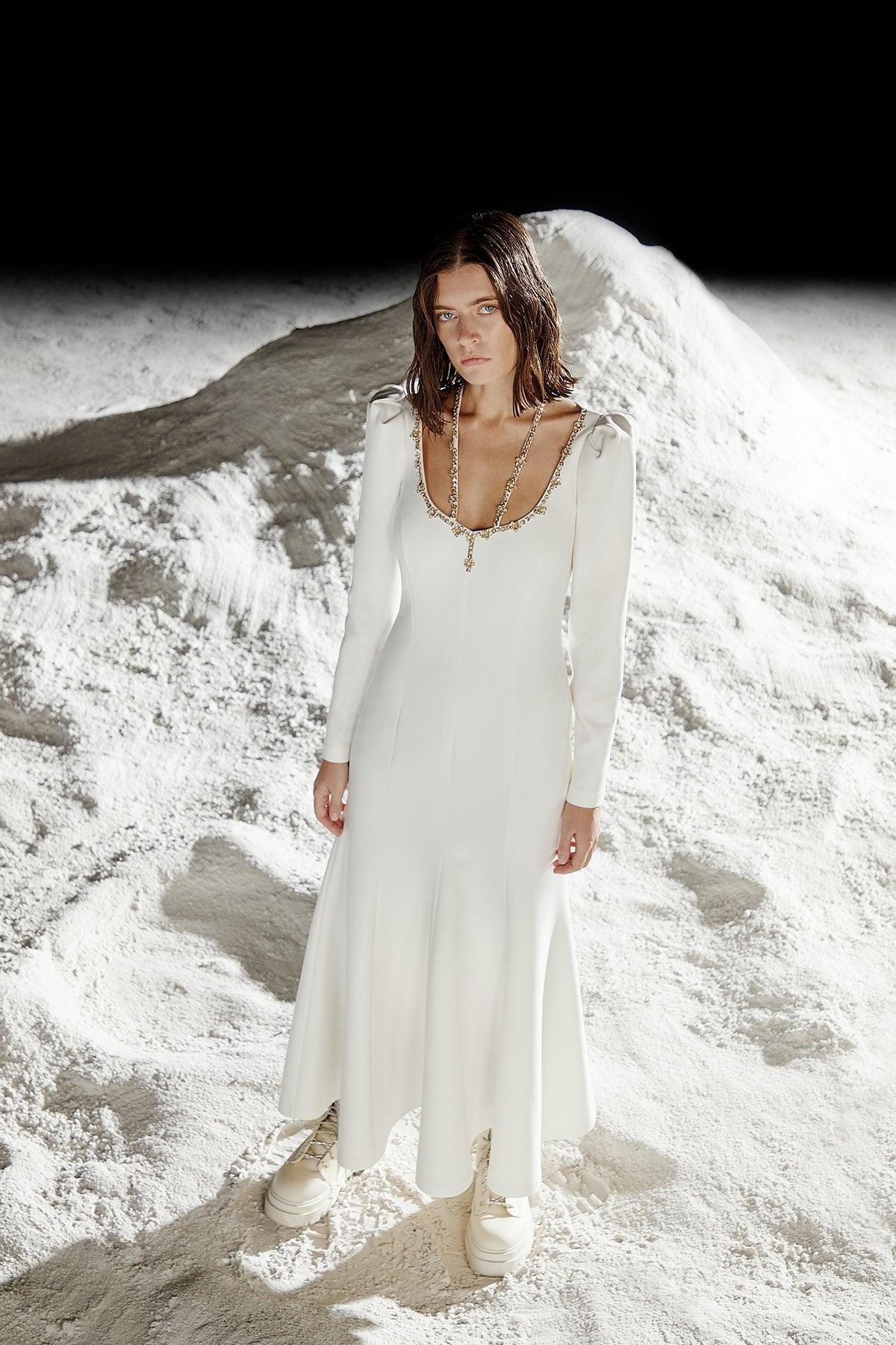 Havuz Yaka Taş İşleme Uzun Elbise - Eser Giyim