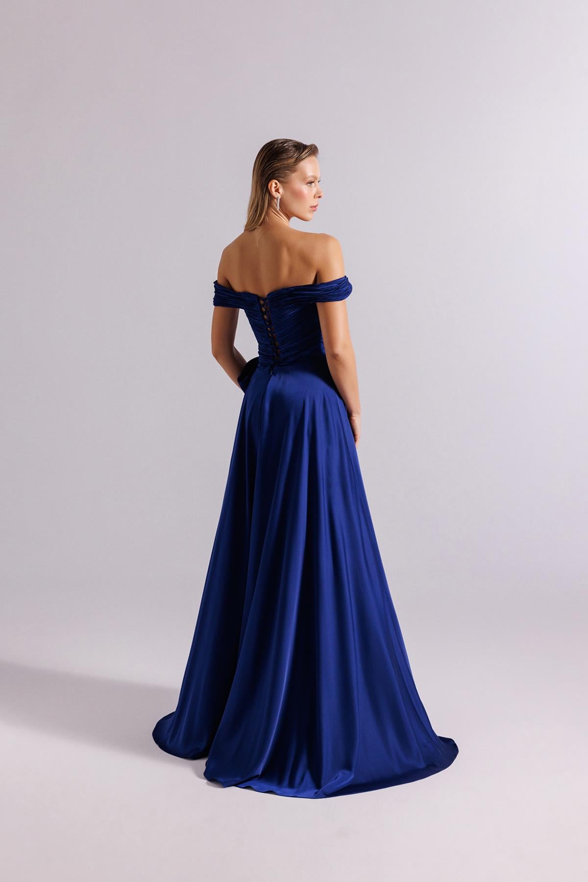Flared Evening Dress with Transparent Embroidered Crepe Detail and Underskirt