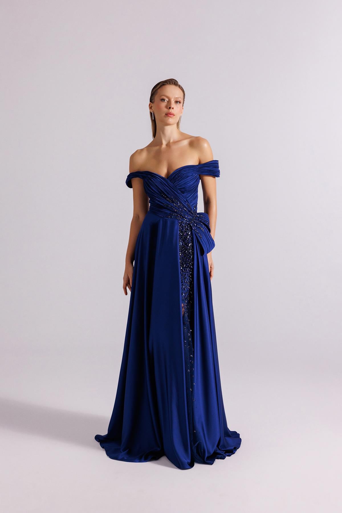 Flared Evening Dress with Transparent Embroidered Crepe Detail and Underskirt
