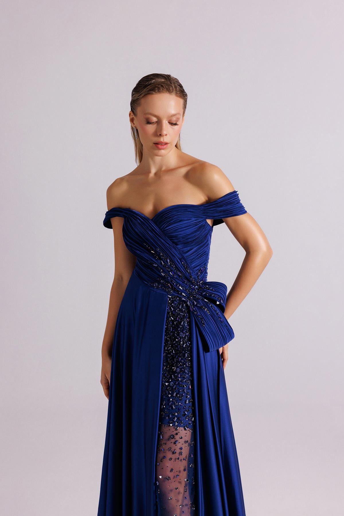 Flared Evening Dress with Transparent Embroidered Crepe Detail and Underskirt