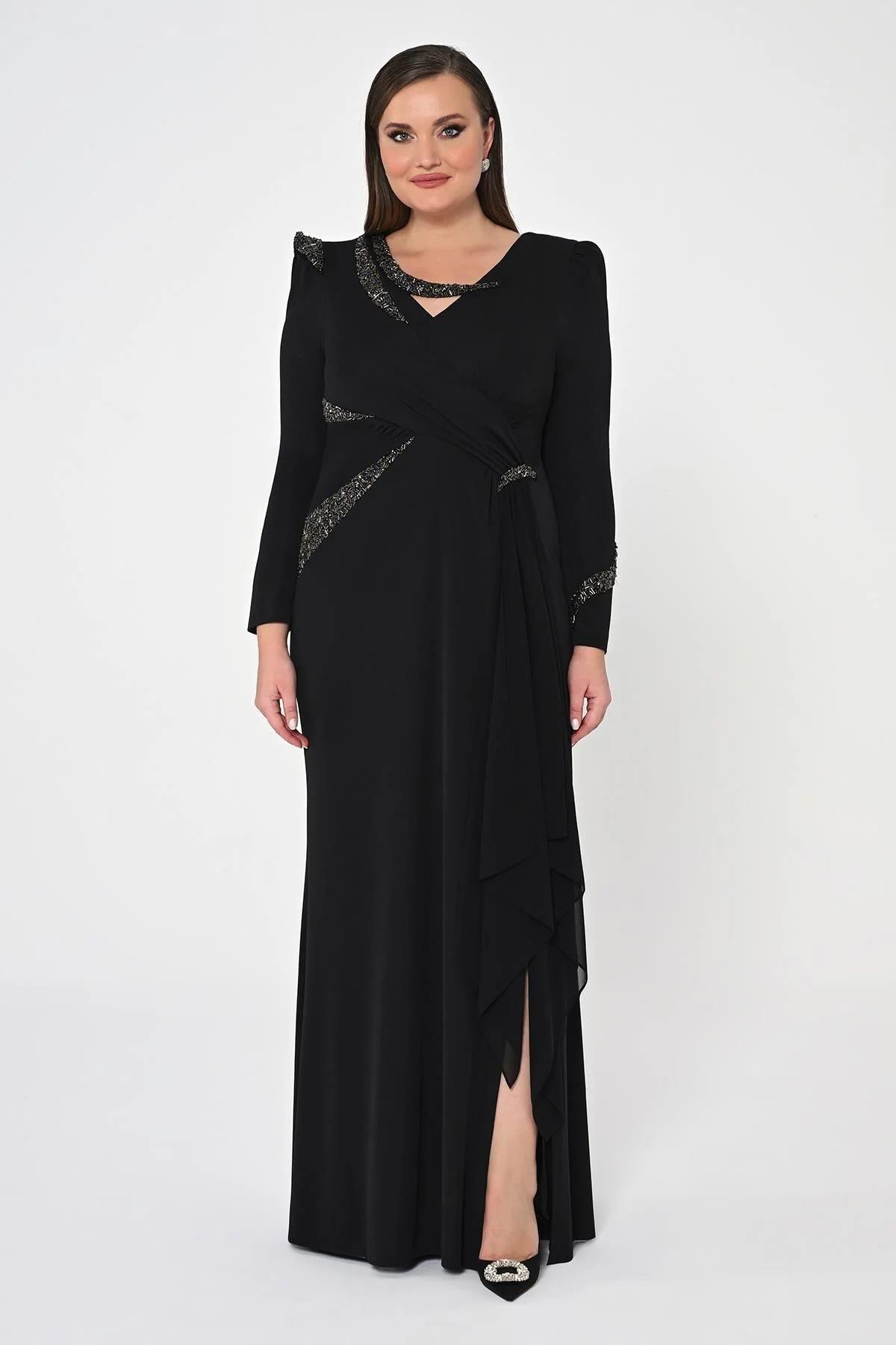 İşlemeli Payetli Krep Uzun Büyük Beden Elbise - Eser Giyim