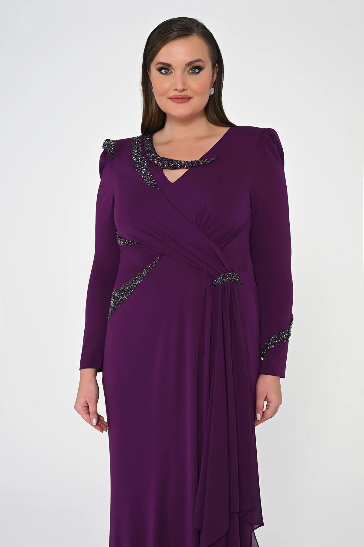 İşlemeli Payetli Krep Uzun Büyük Beden Elbise - Eser Giyim