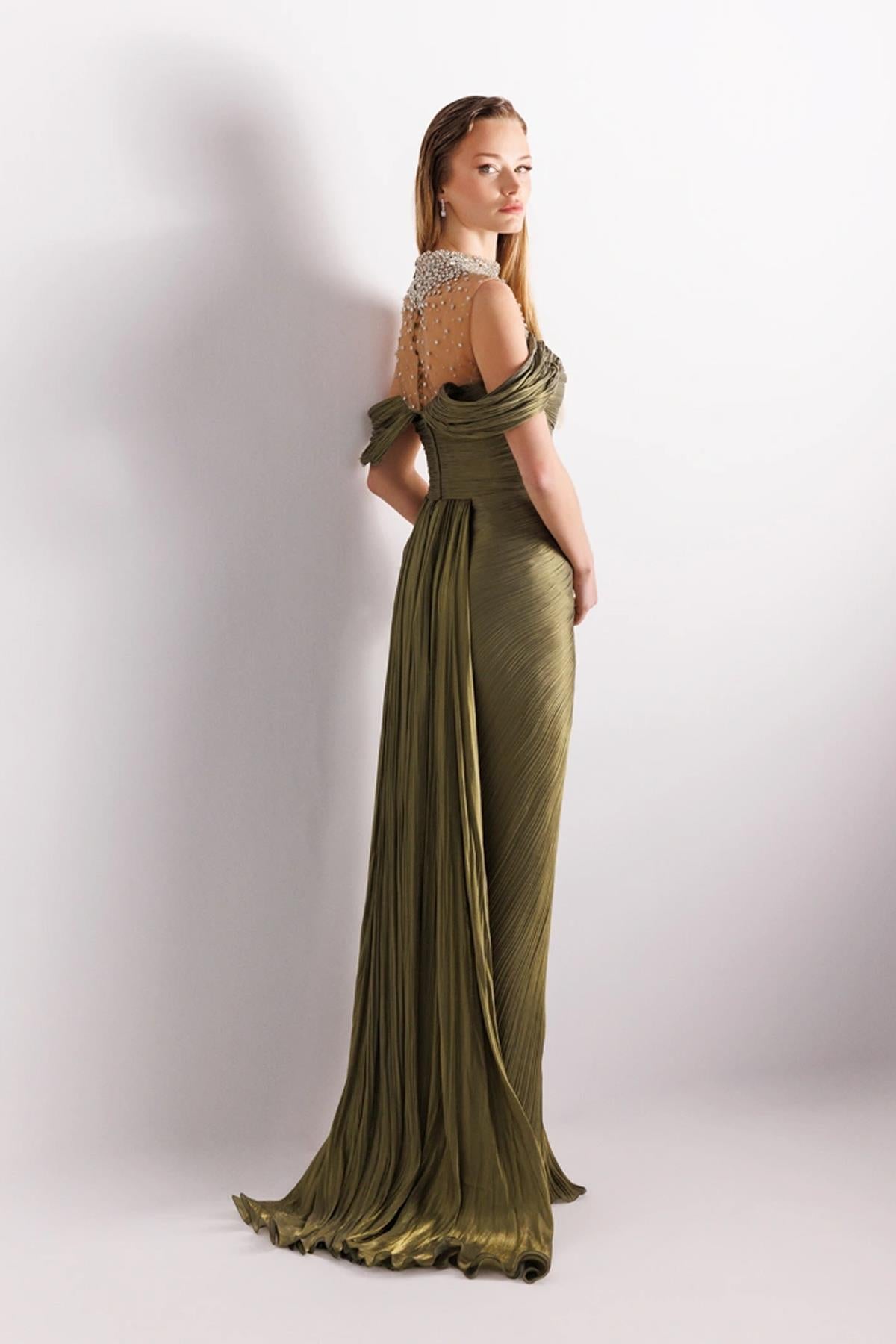 Pleated Tail Evening Dress with Neck Embroidery Detail