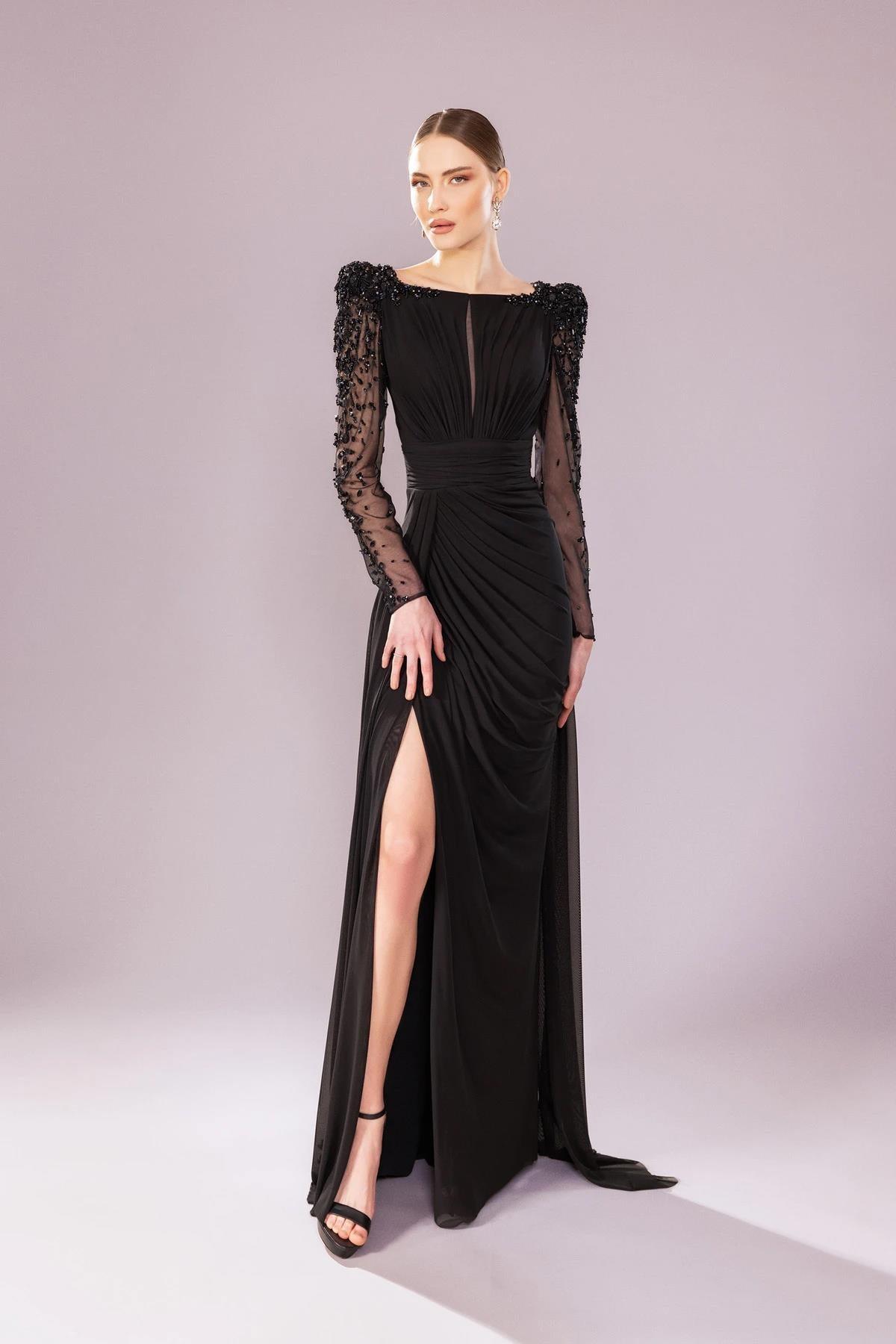 İşlemeli Transparan Uzun Kollu Drapeli Büyük Beden Elbise - Eser Giyim