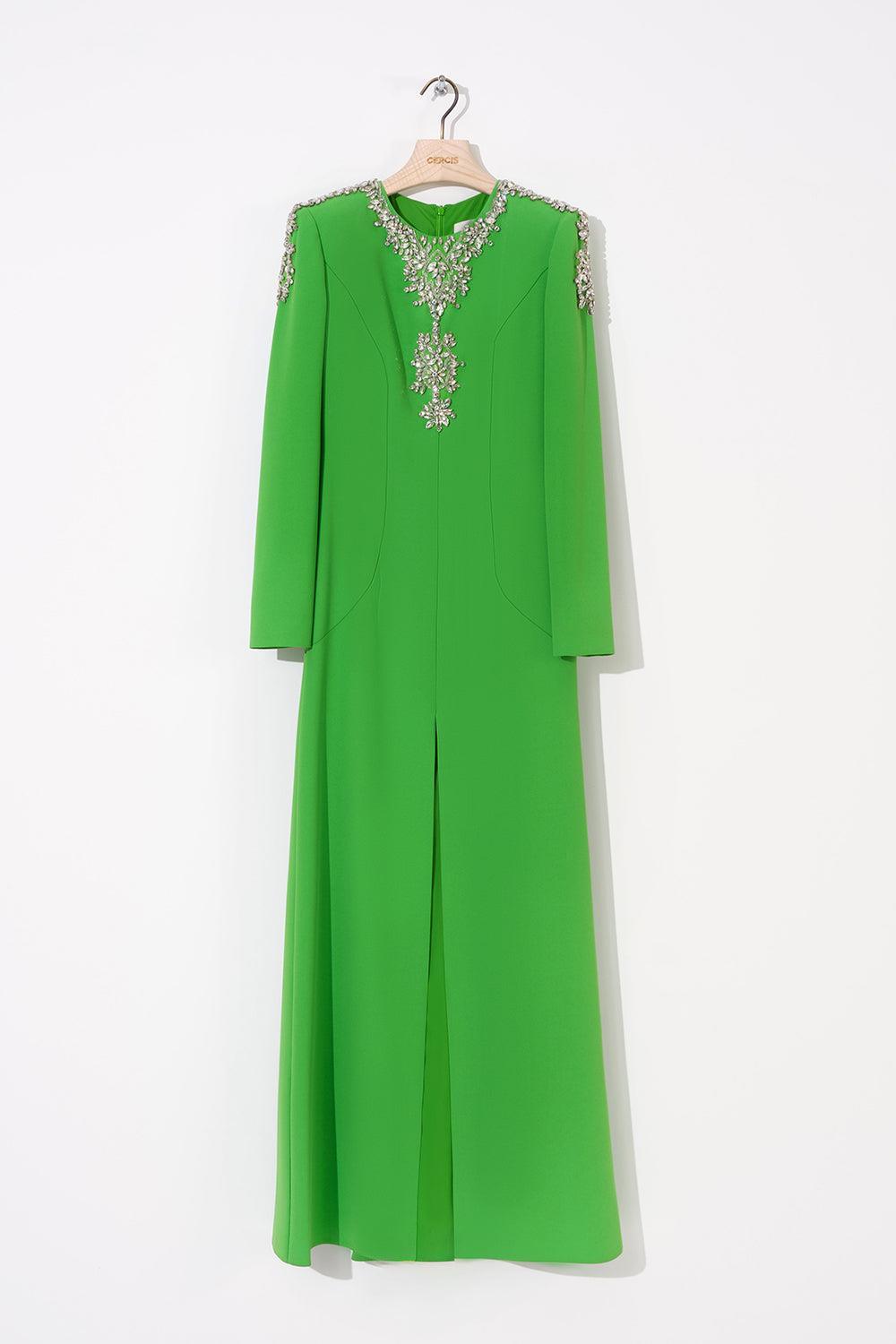 Kasnak İşleme Uzun Yırtmaçlı Elbise - Eser Giyim